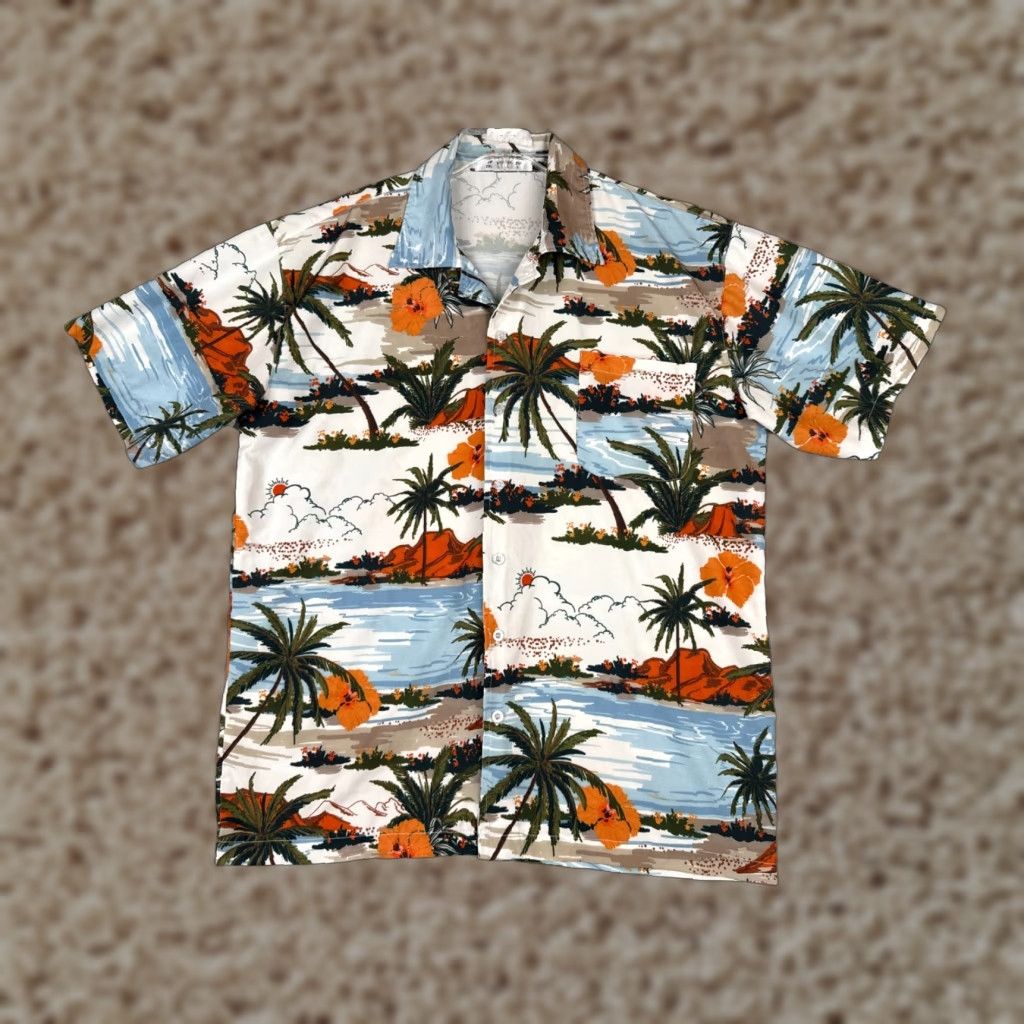 Vintage Palm Island Button-Up Hawaiian Shirt Adult Large Blue White Orange Palm Tree Beach Scene Aloha Luau Vacation Floral Short Sleeve Shirt Mens Regular Size US L / EU 52-54 / 3 - 1 Thumbnail
