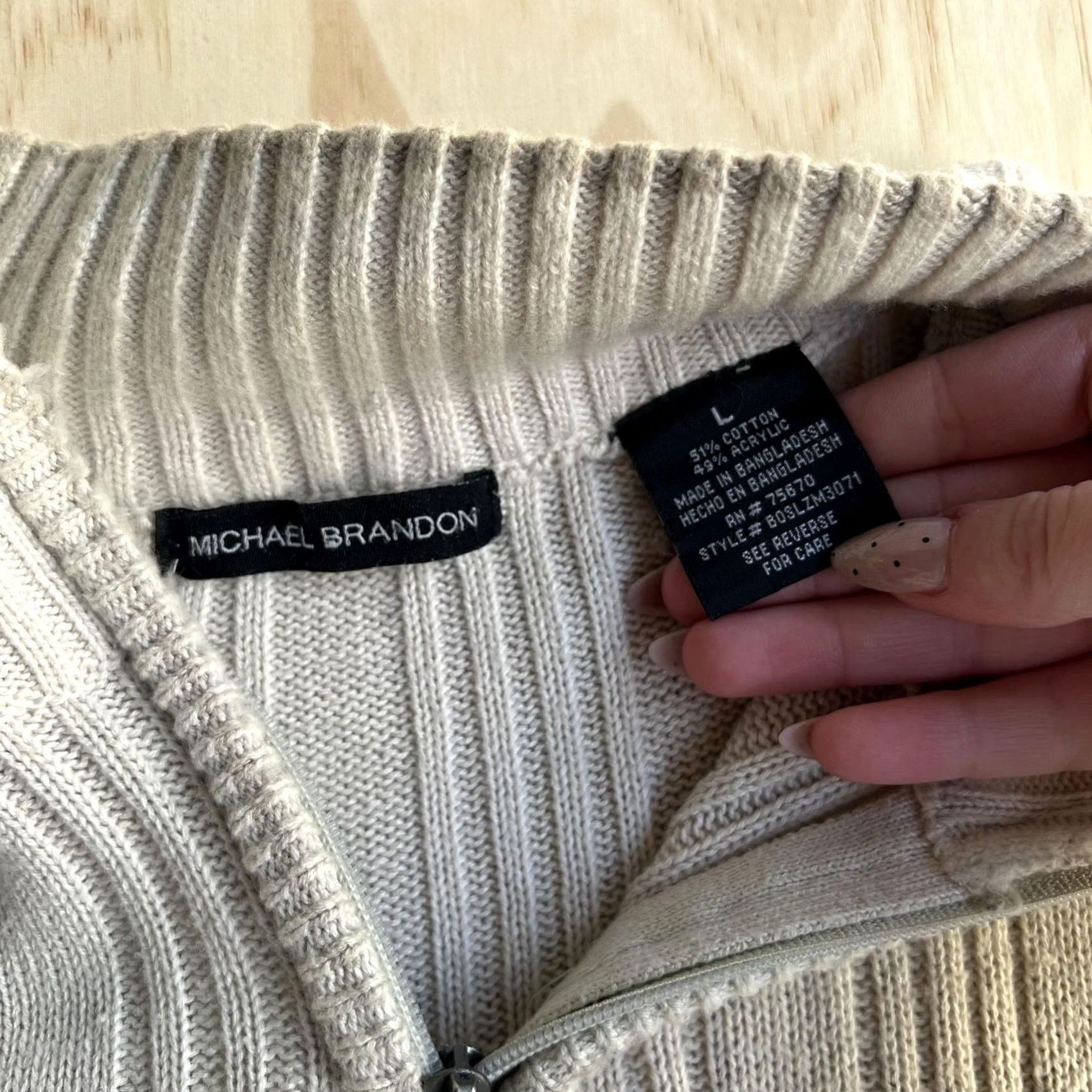 Vintage Michael Brandon Sweater Mens Large Beige 1/4 Zip Mock Neck Pullover Knit Ribbed Tight-Knit Cotton-Acrylic Regular Size US L / EU 52-54 / 3 - 4 Thumbnail
