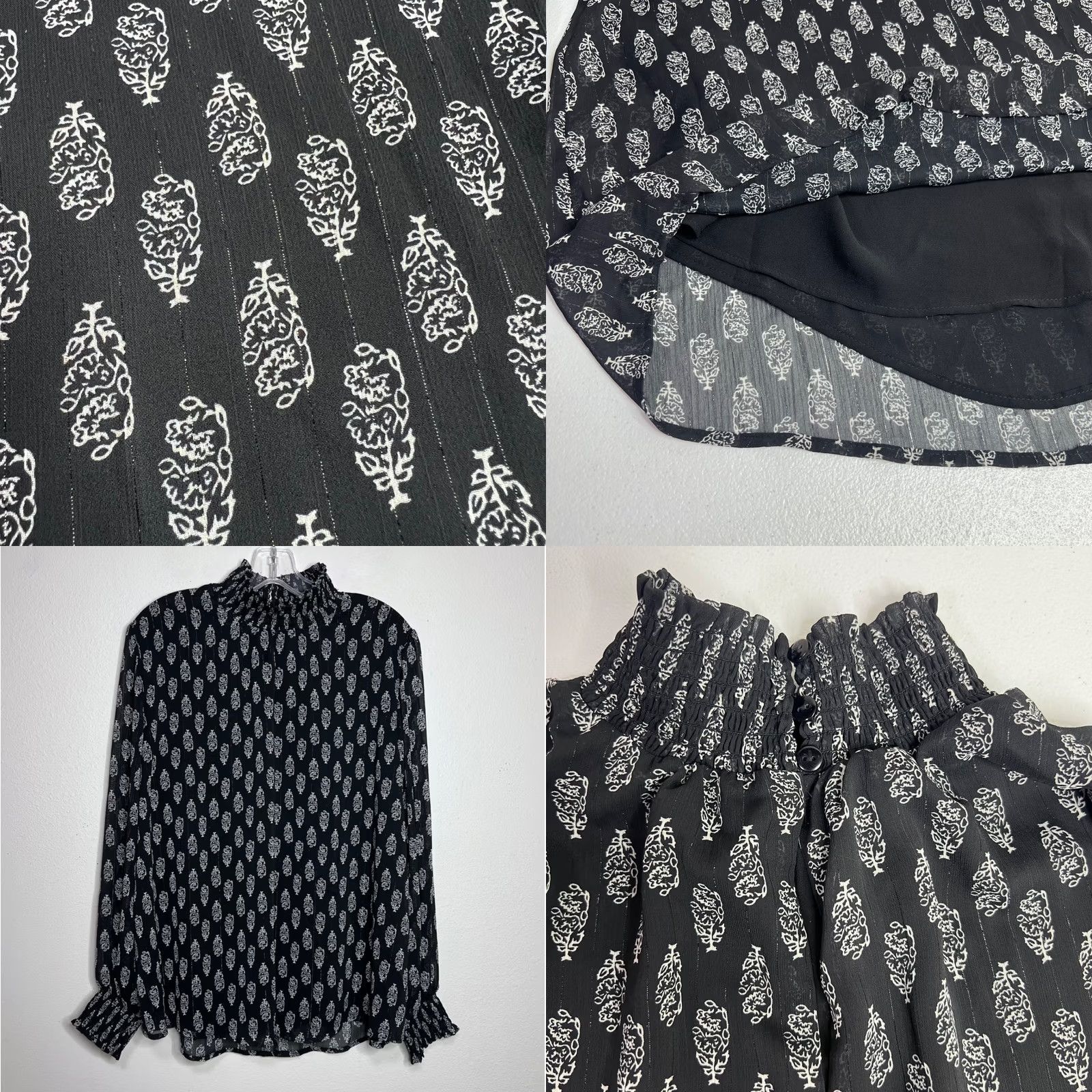 Vintage NY Collection Floral Smocked Mock Neck Top Womens XL Black White Metallic Office Size XL / US 12-14 / IT 48-50 - 8 Thumbnail