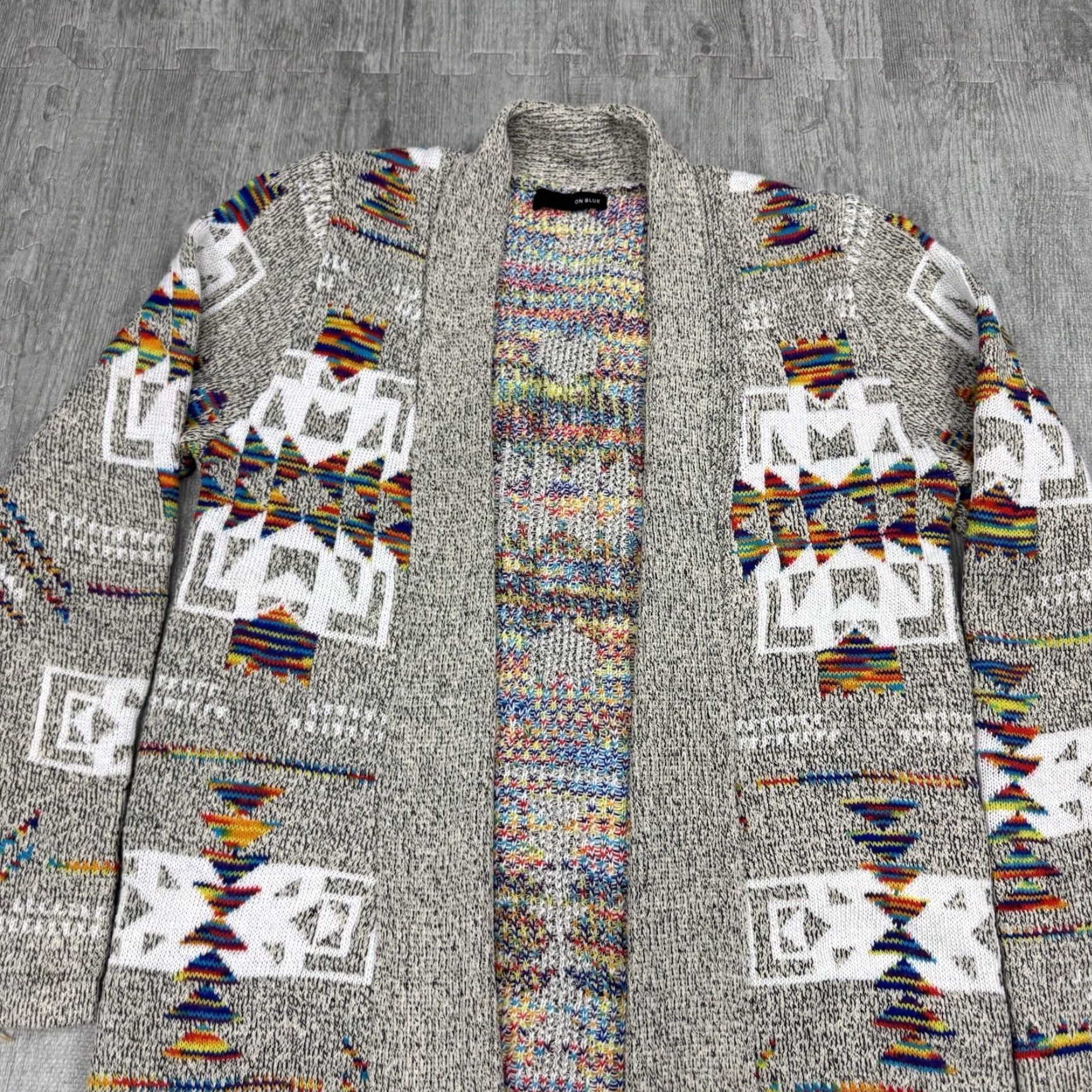 Rainbow VINTAGE ON BLUE Women's Open Front Long Cardigan Rainbow Aztec Knit Sweater Casual Fall Spring Summer Winter Ladies Size L / US 10 / IT 46 - 2 Thumbnail