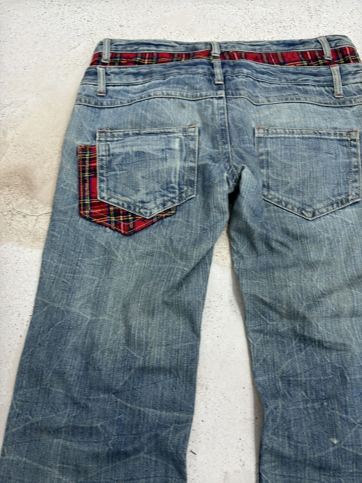 Japanese Brand Double Waist Distressed Denim Jeans Red Tartan Plaid Punk Size US 32 / EU 48 - 8 Thumbnail
