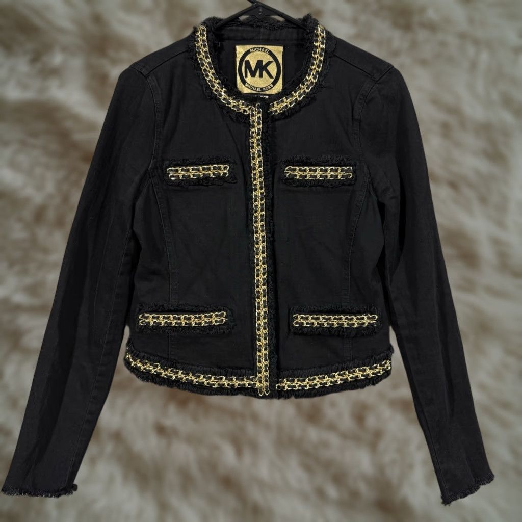 Michael Kors Michael Kors Jacket Blazer Womens 8 Black Denim Chain Fringe Short Casual Designer Classic Full Zip? Snap Size 30" / US 8 / IT 44 - 1 Thumbnail