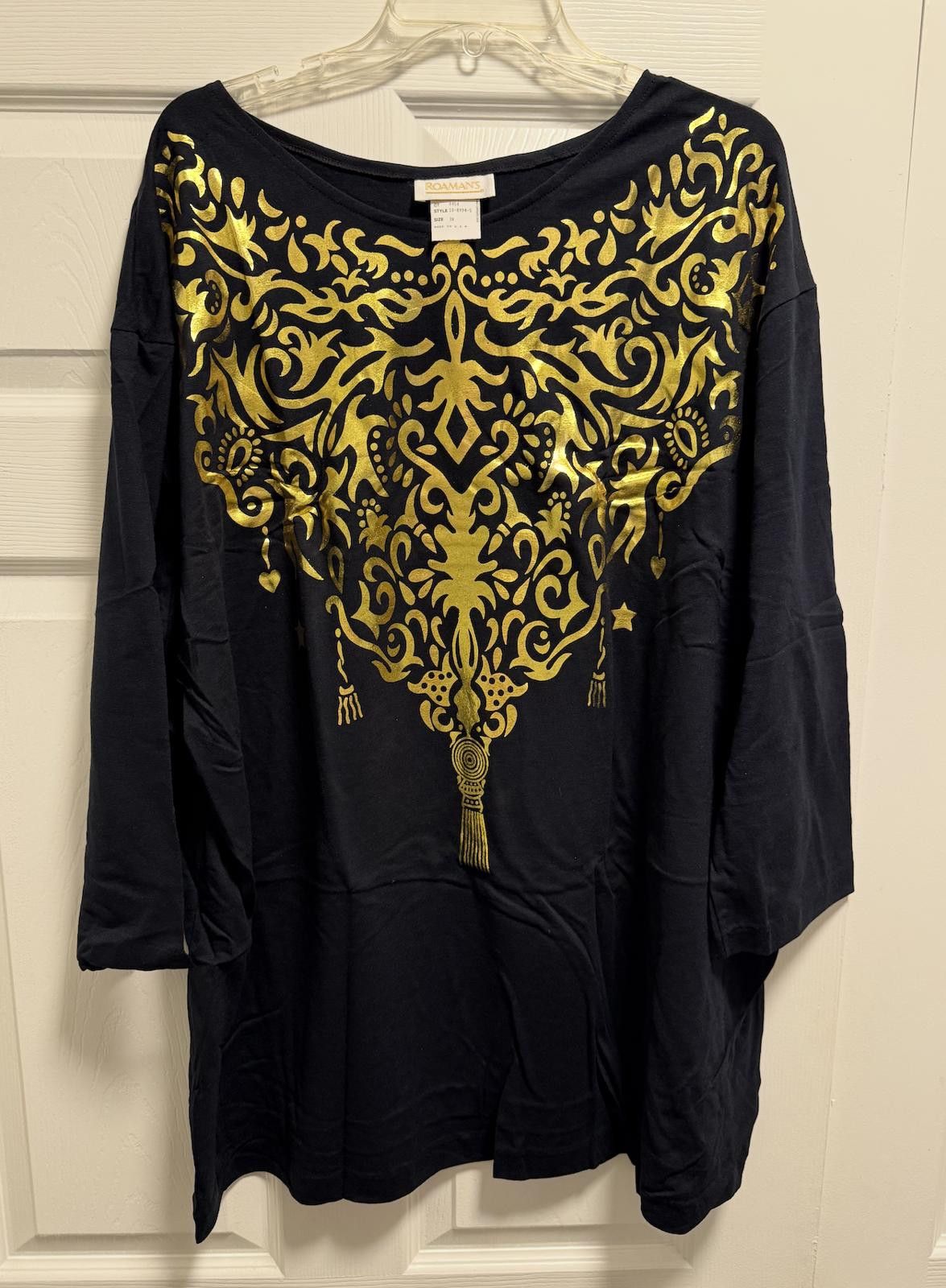 Designer Roaman’s Gold Foil Tunic Top 3X Made in USA Boho Glam Size M / US 6-8 / IT 42-44 - 1 Thumbnail