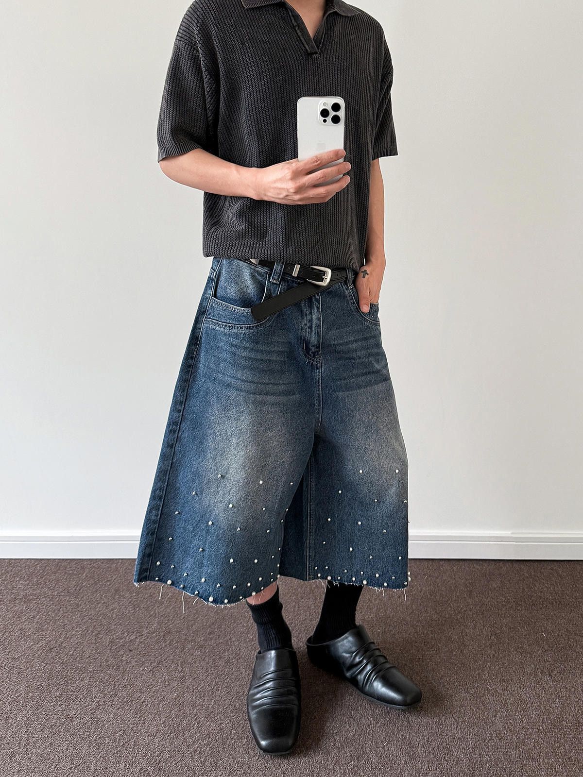 Jean Rhinestone Embellished Wide Leg Jorts, Crystal Shorts Size US 30 / EU 46 - 1 Thumbnail