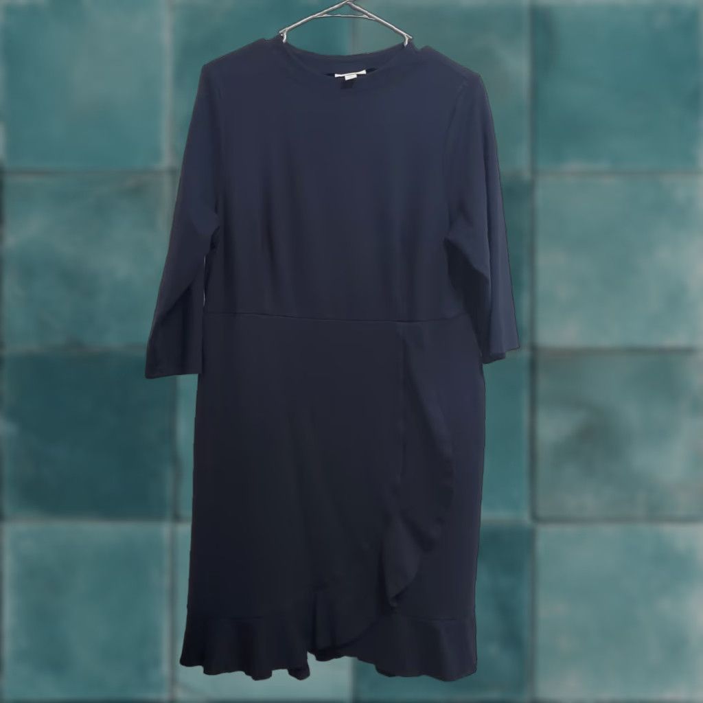 J Jill Ponte Dress Women Petite L Navy Blue Knit 3/4 Sleeve Ruffle Pockets  Office Knee Length Pullover Vintage: No - www.bongoclub.cl