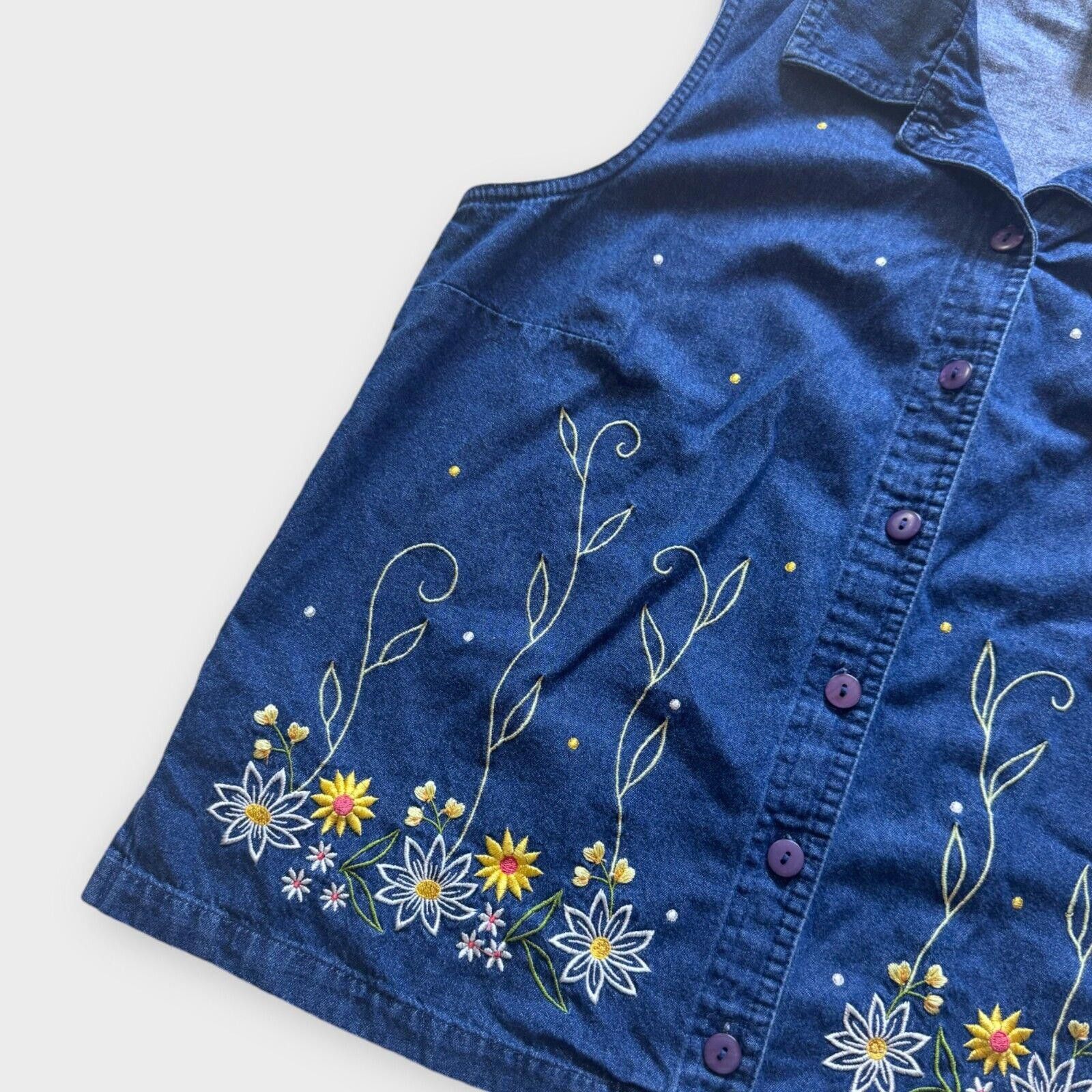 Designer Allison Daley 14P Denim Shirt Embroidered Flowers 90s Size XL / US 12-14 / IT 48-50 - 2 Thumbnail