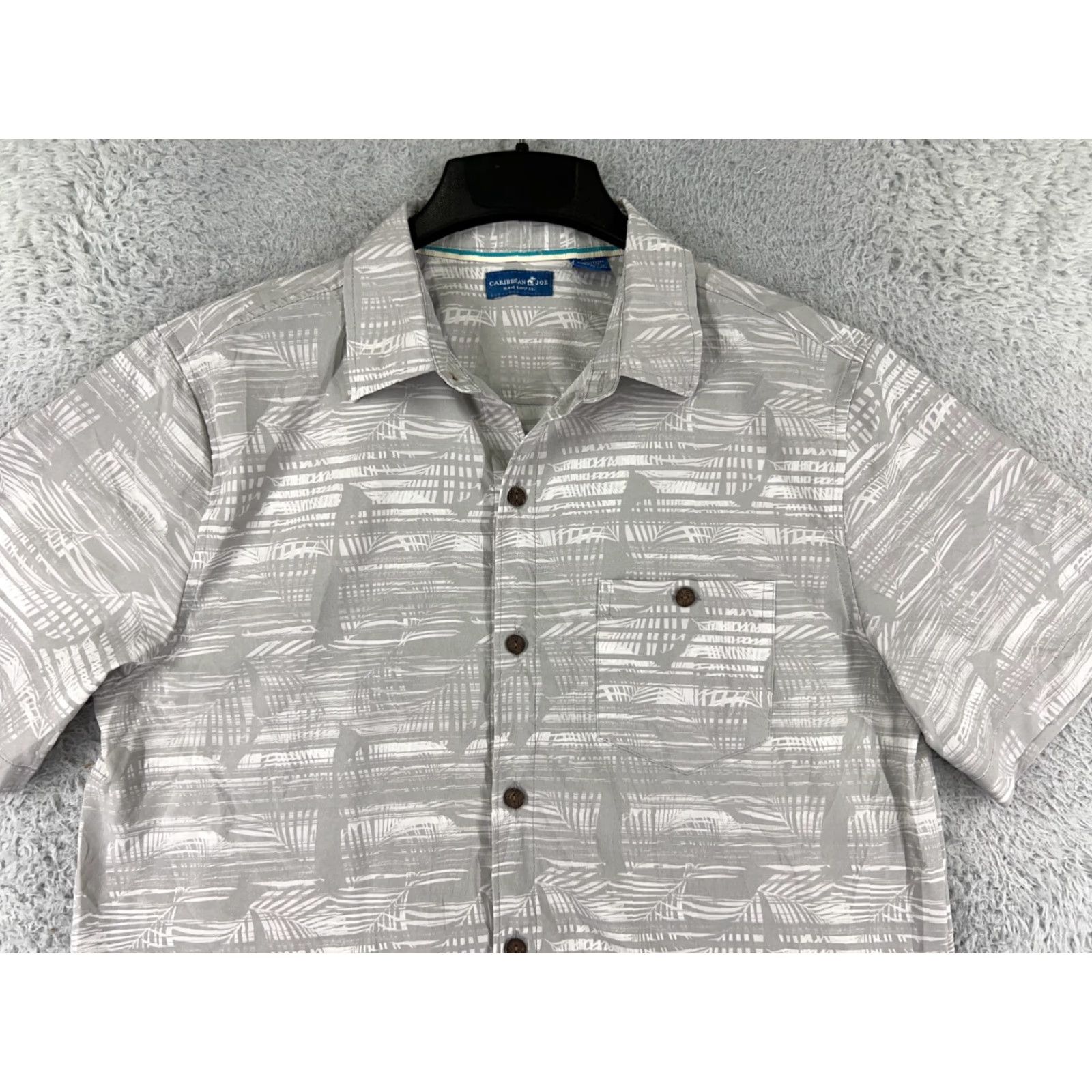 Vintage Caribbean Joe Shirt Men Medium Gray Abstract Palm Print Button Up Polyester Shirt Men M Gray Floral Resort Luau Aloha Hawaiian Men Size US M / EU 48-50 / 2 - 6 Thumbnail