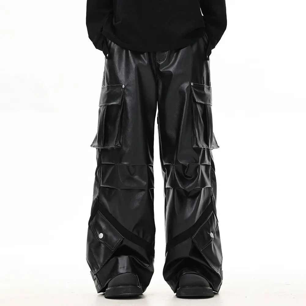 Jean Black Baggy Cargo PU Leather Jeans Size US 32 / EU 48 - 3 Thumbnail