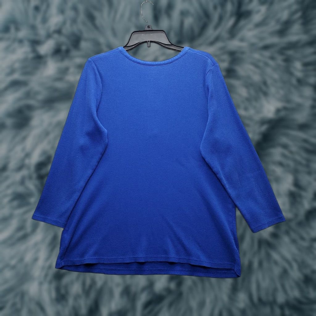 Vintage Woman Within Thermal Henley Shirt Womens L Blue Waffle Knit Beaded Embroidered Size L / US 10 / IT 46 - 1 Thumbnail