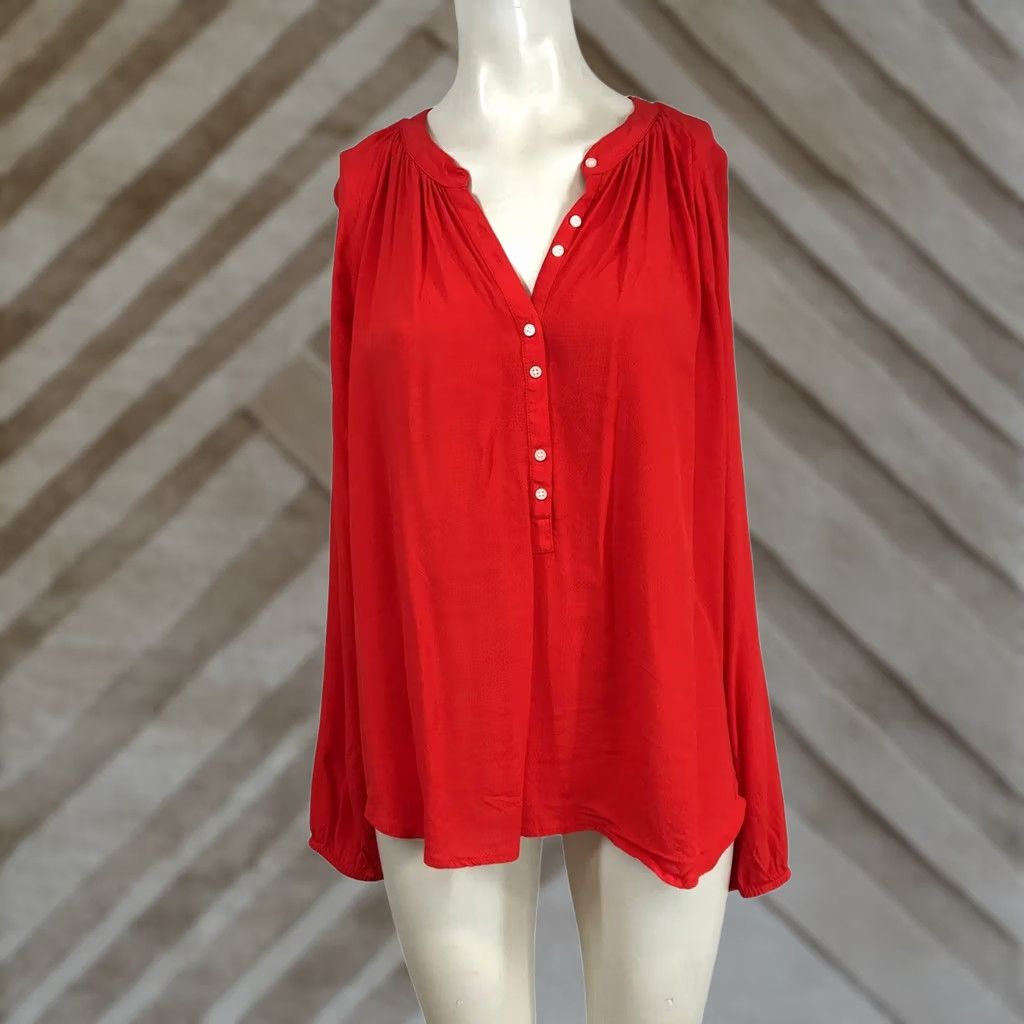 J.Crew J.Crew Womens XL Red Long Sleeve Henley Blouse Button Front Viscose Top Size XL / US 12-14 / IT 48-50 - 1 Thumbnail
