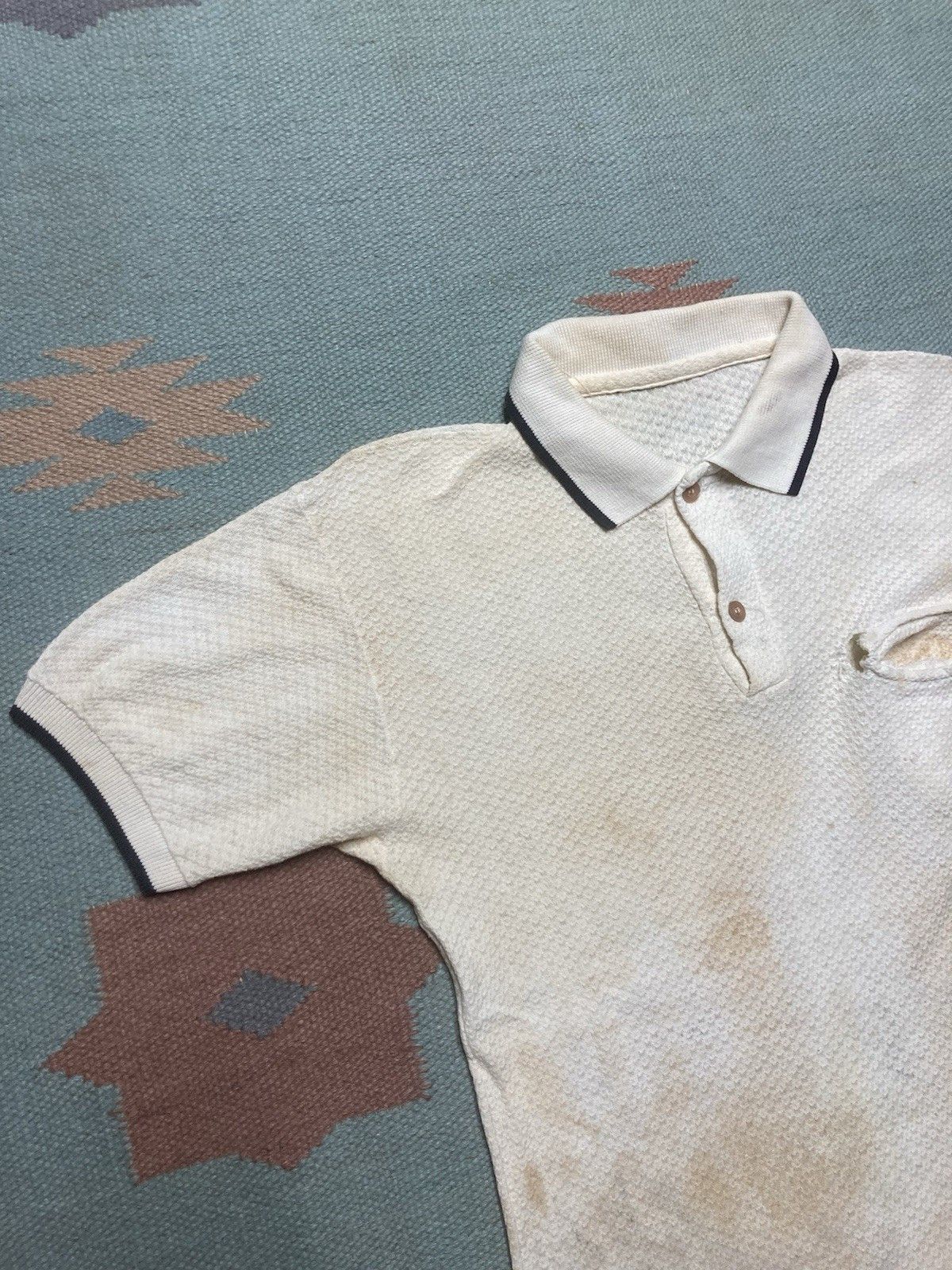Vintage 1960s polo shirt jacquard waffle knit stained cotton medium Size US M / EU 48-50 / 2 - 5 Thumbnail