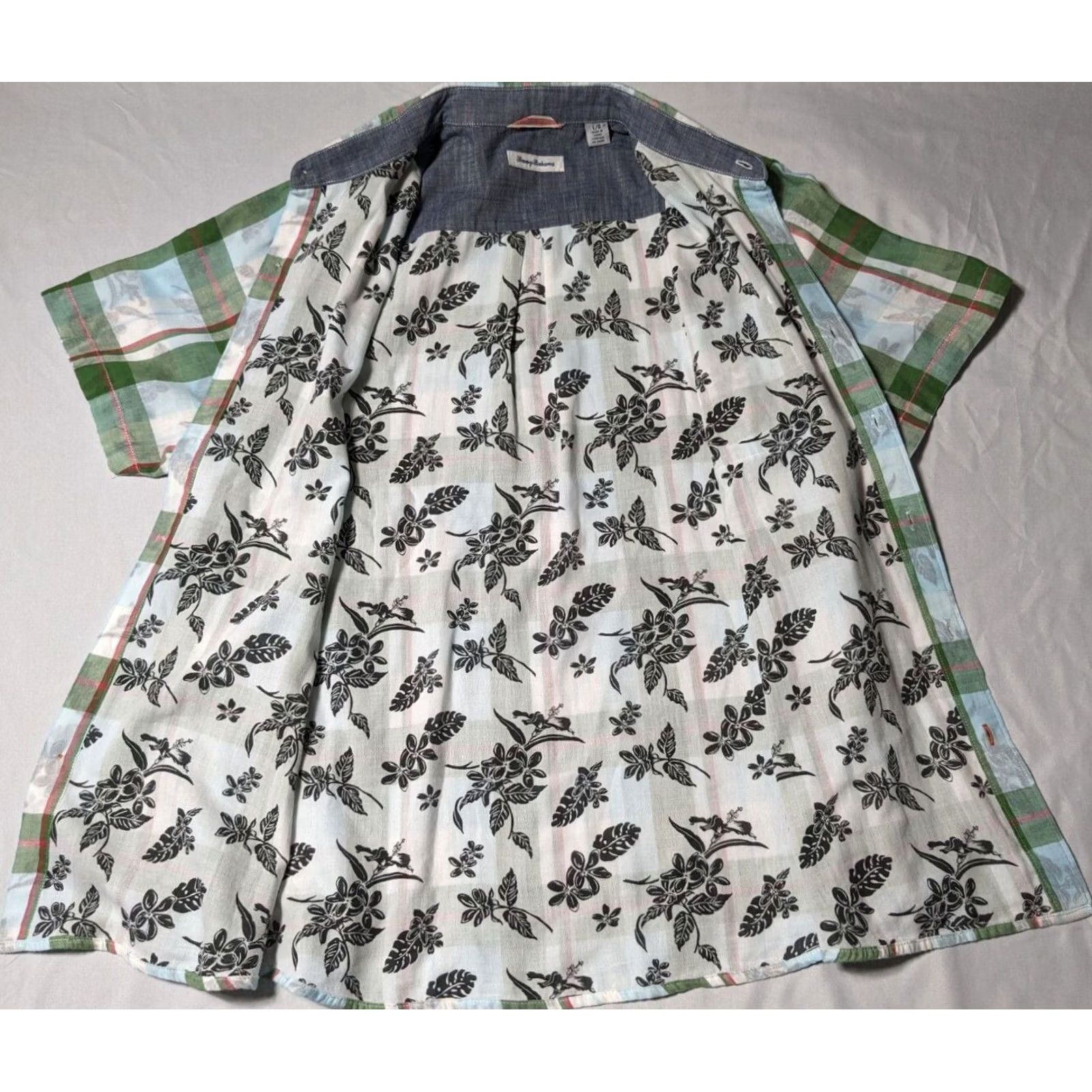 Tommy Bahama TOMMY BAHAMA Men L Button-Up Shirt Plaid Green Blue Floral Lined Cotton Short Sleeve Casual Travel Size US L / EU 52-54 / 3 - 4 Thumbnail