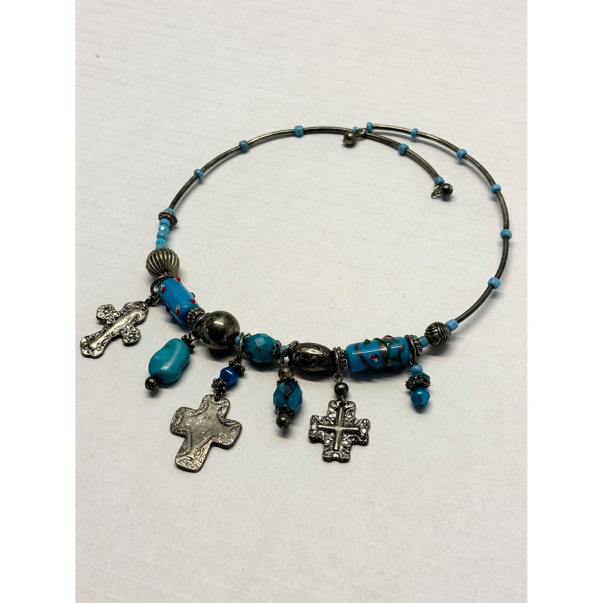 Vintage glass beaded cross charm choker necklace