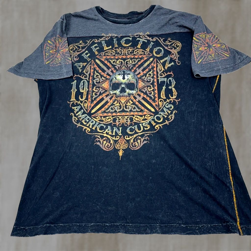 Affliction Affliction Shirt Men XL Gray Tee Crew Neck Short Sleeve Graphic T-Shirt Skull Goth Retro Motorcycle USA Bloodline Brand: Affliction Black Gray Size US XL / EU 56 / 4 - 1 Thumbnail