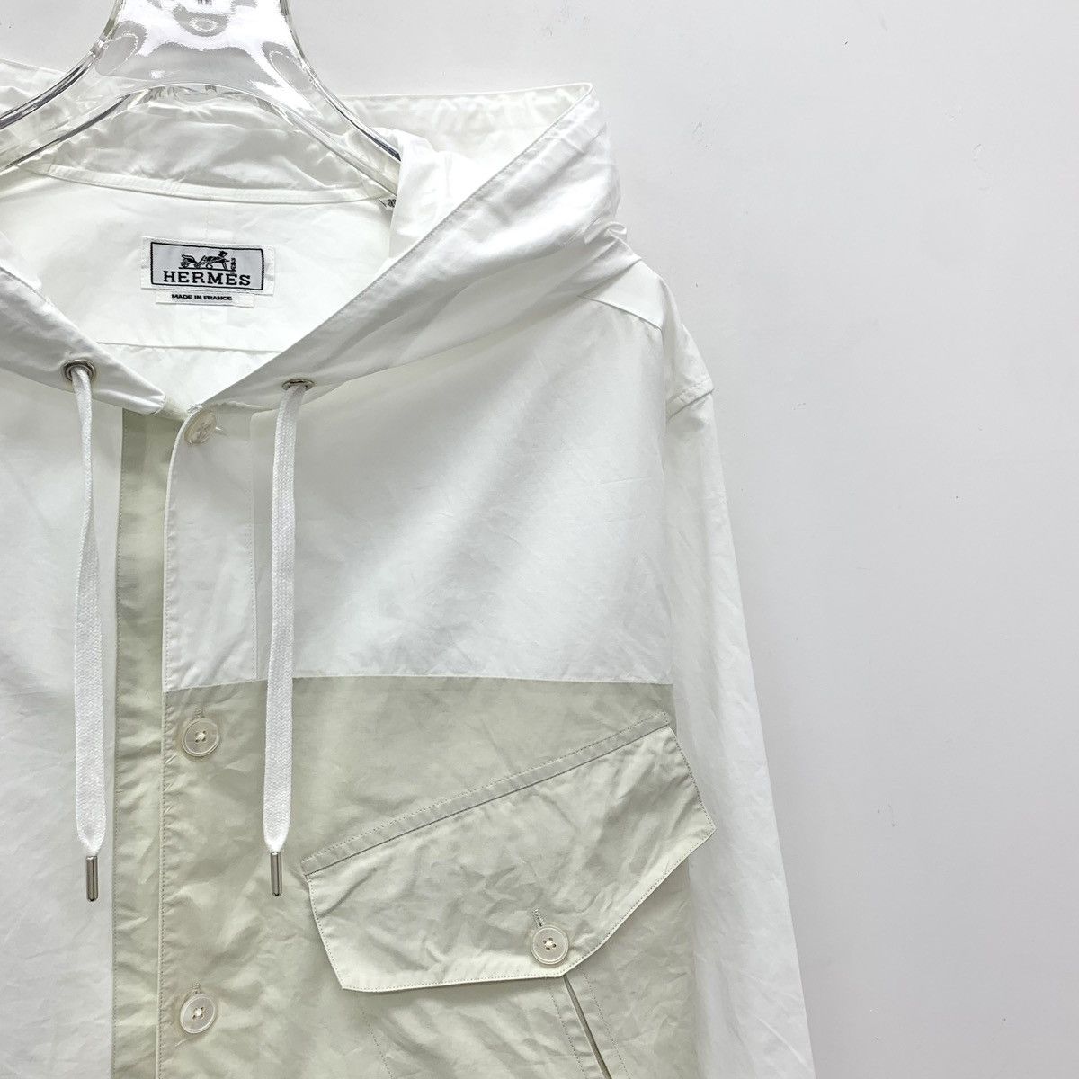 Hermes Hermes White Spliced Pocket Hooded Long Sleeve Shirt K26WX Size US S / EU 44-46 / 1 - 3 Thumbnail