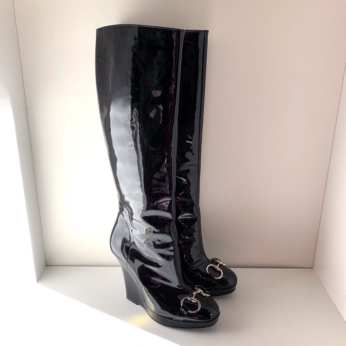 Gucci Patent leather horsebit wedge tall boots Size US 5.5 / IT 35.5 - 1 Thumbnail