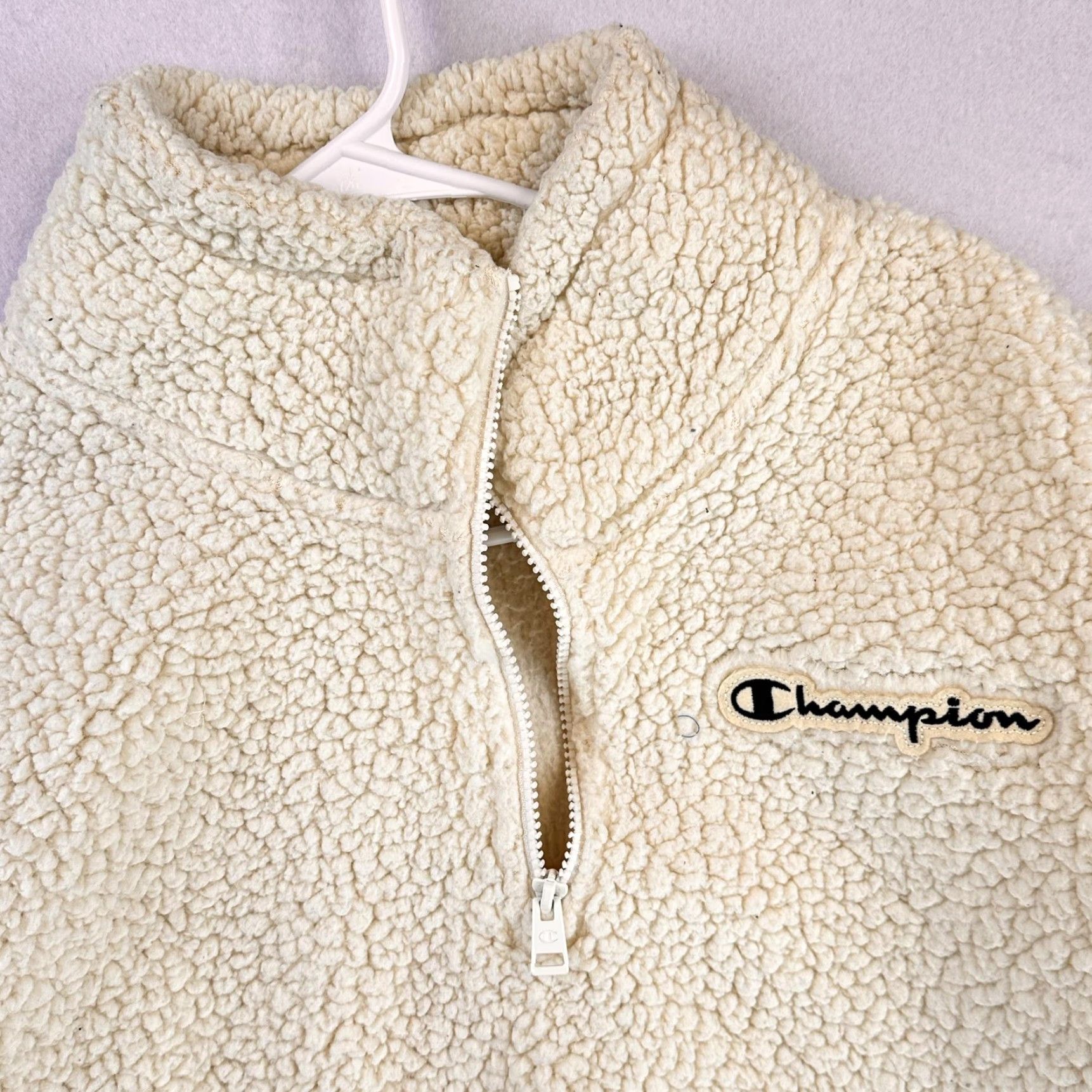 Champion Champion Pullover Womens Medium Cream Sherpa Fleece Quarter Zip Script Logo Sweatshirt Size M / US 6-8 / IT 42-44 - 7 Thumbnail
