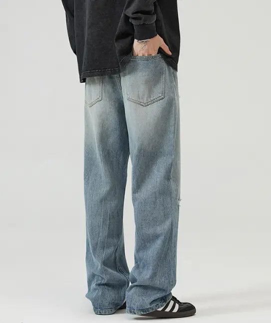 VIBE Men's straight wide-leg vintage washed ripped baggy jeans Size US 32 / EU 48 - 5 Thumbnail