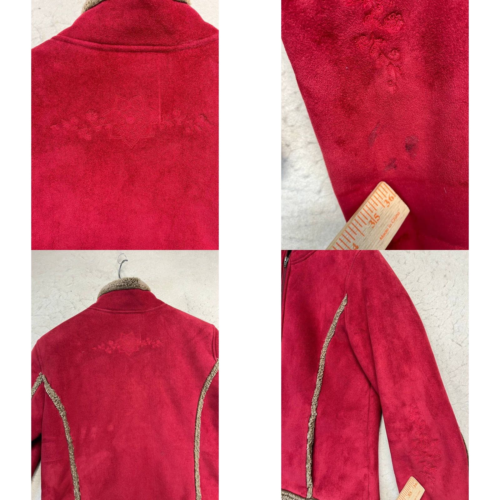 Vintage L.L.Bean Womens M Suede Feel Sherpa Lined Full Zip Jacket Embroidered Detail Red Shirt Size M / US 6-8 / IT 42-44 - 8 Thumbnail