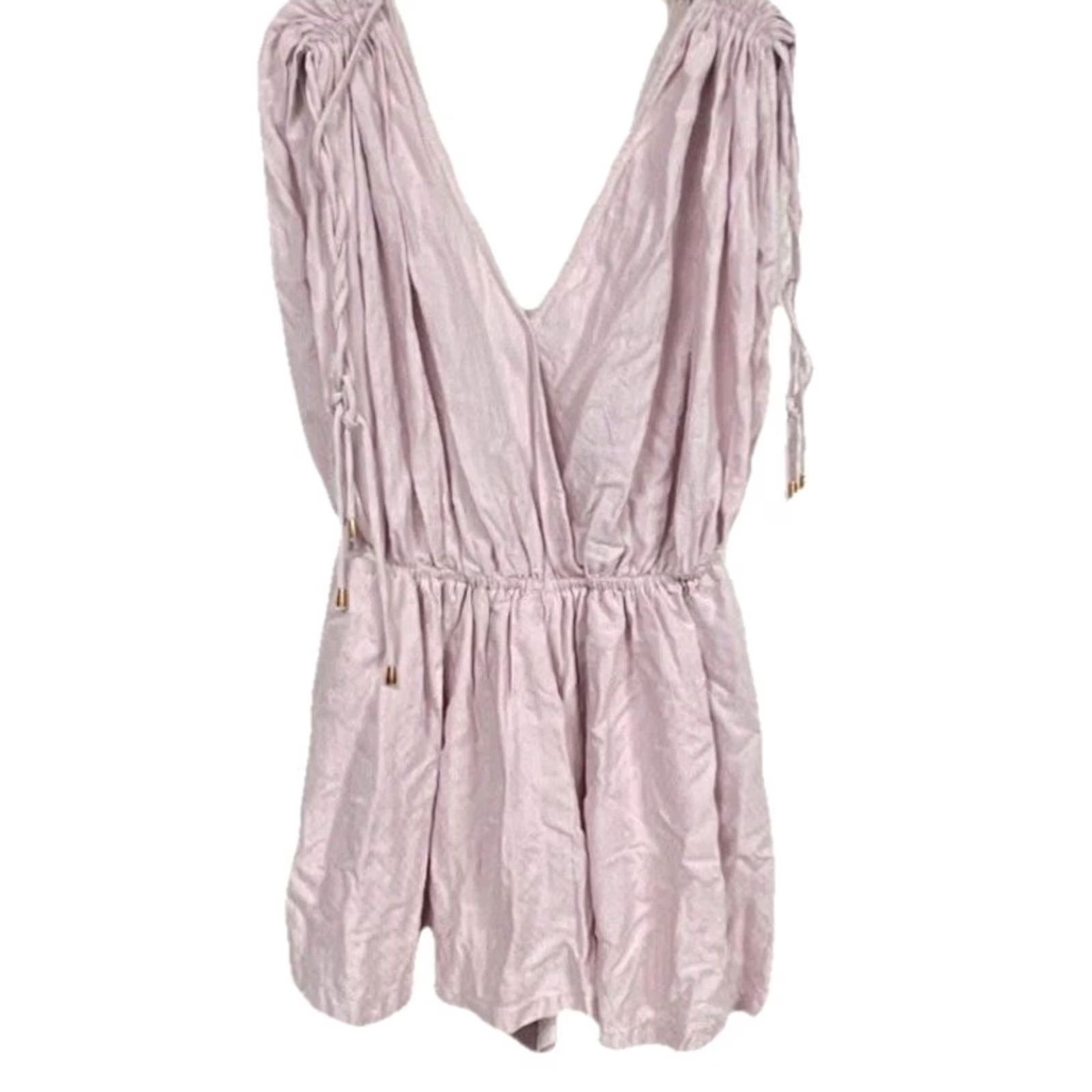 Pinko Hyfve Pink Romper Womens S Ruched Drawstring Shoulder Surplice V Neck Boho Size 28" / US 6 / IT 42 - 3 Thumbnail
