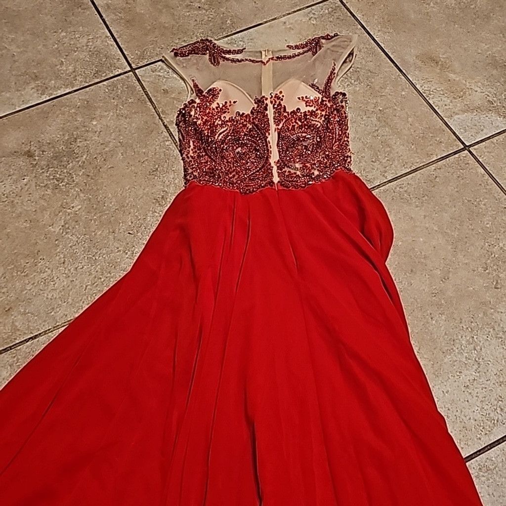 The Unbranded Brand Jovani embellished beaded illusion chiffon red gown dress 0 Size XS / US 0-2 / IT 36-38 - 9 Thumbnail