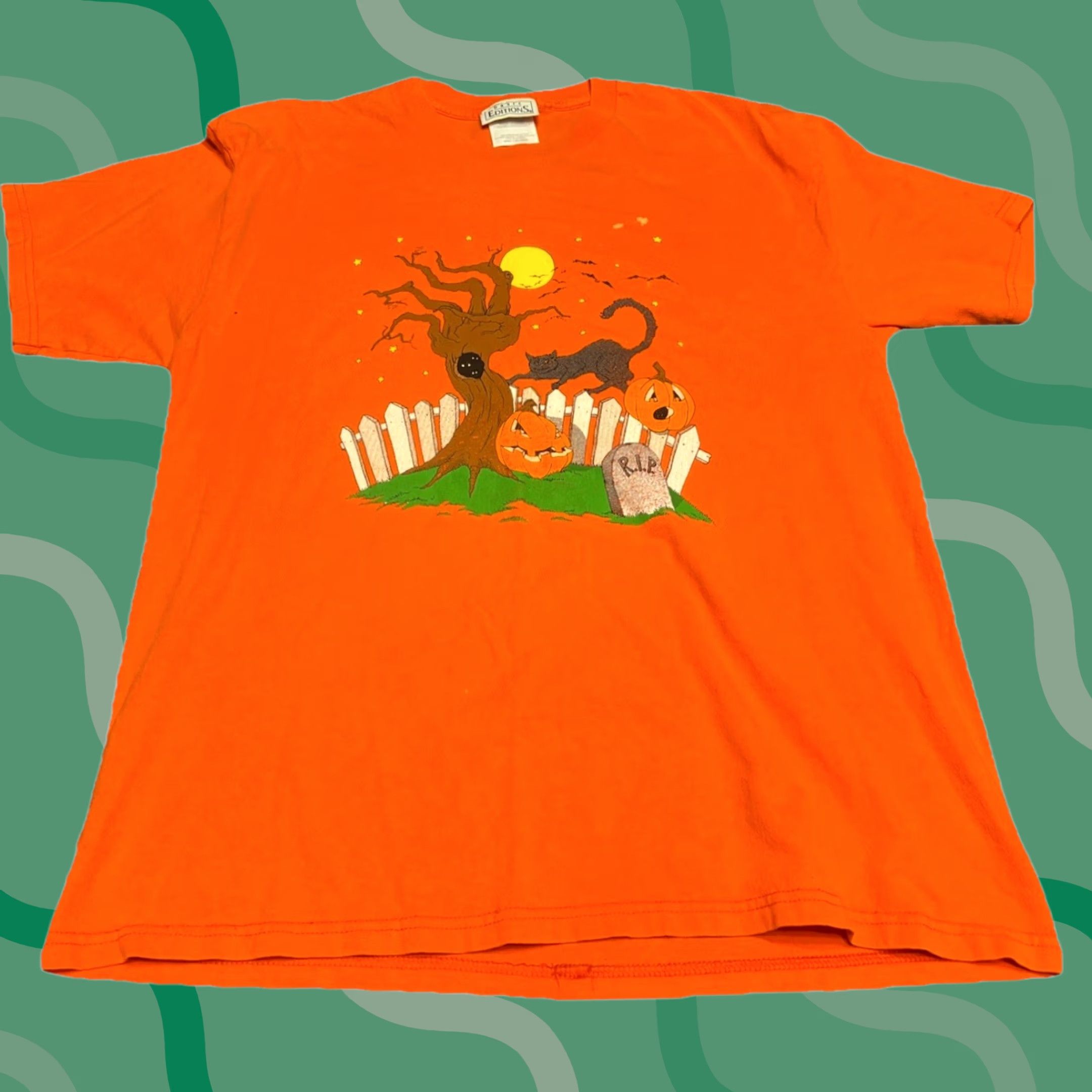 Vintage VINTAGE Hallmark Tee Pumpkin Shirt L Men Orange 50/50 Knit Graphic 80s Halloween Size US L / EU 52-54 / 3 - 1 Thumbnail