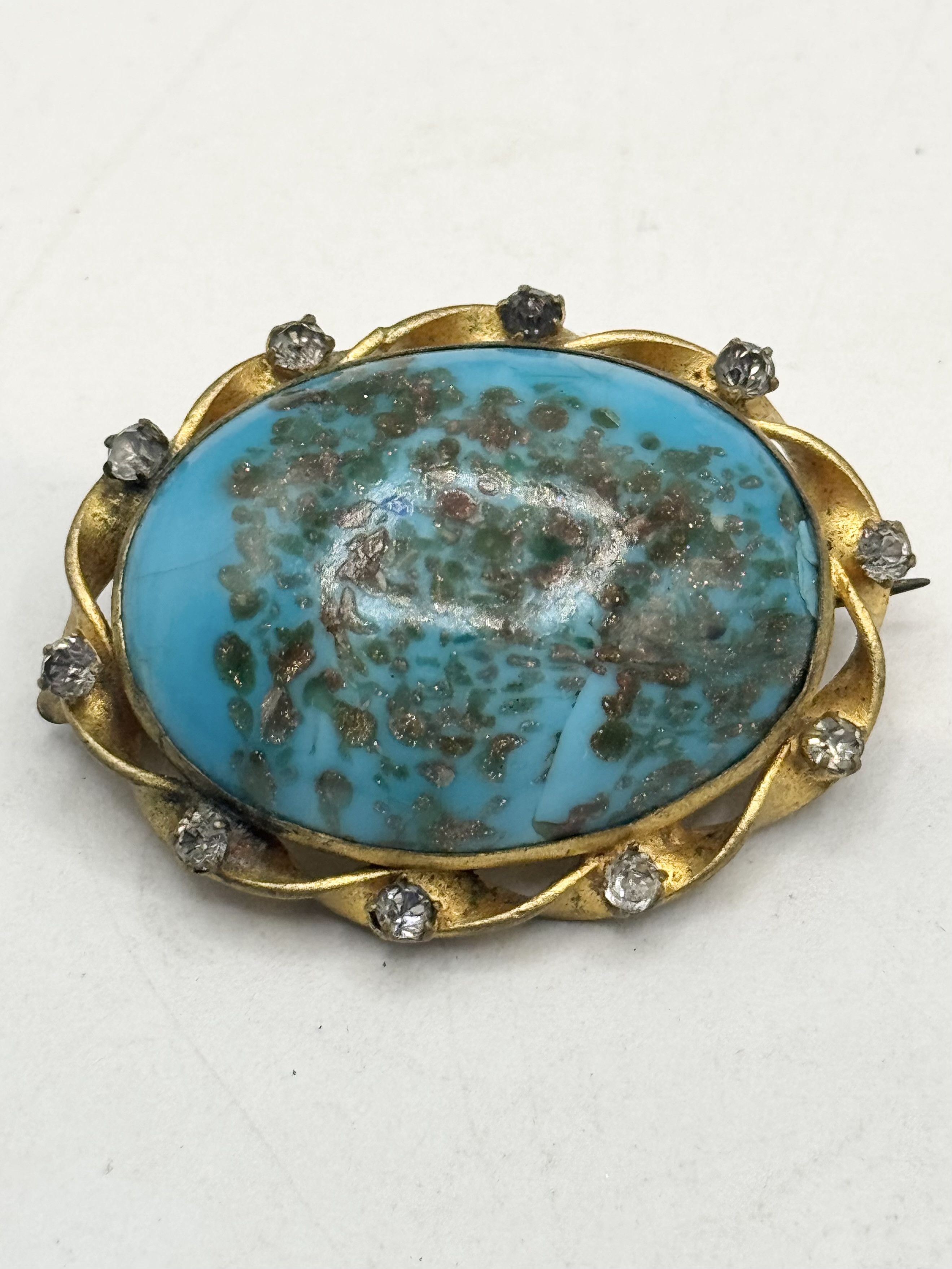 Vintage Antique blue art glass rhinestone brooch pin Size ONE SIZE - 1 Thumbnail