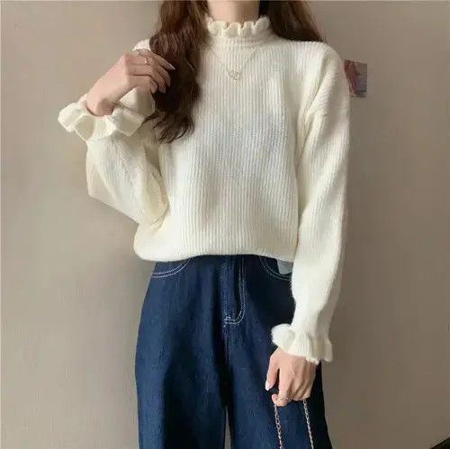 Japanese Brand × Vintage Women Ruffles Thicken Warm Sweater Mock Neck Size ONE SIZE - 2 Thumbnail