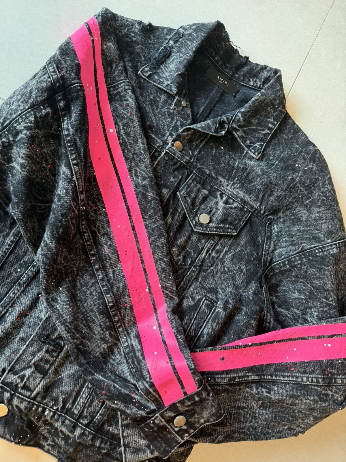 Amiri AMIRI DISTRESS BLACK DENIM JACKET EITH PINK STRIPE Size US S / EU 44-46 / 1 - 3 Thumbnail