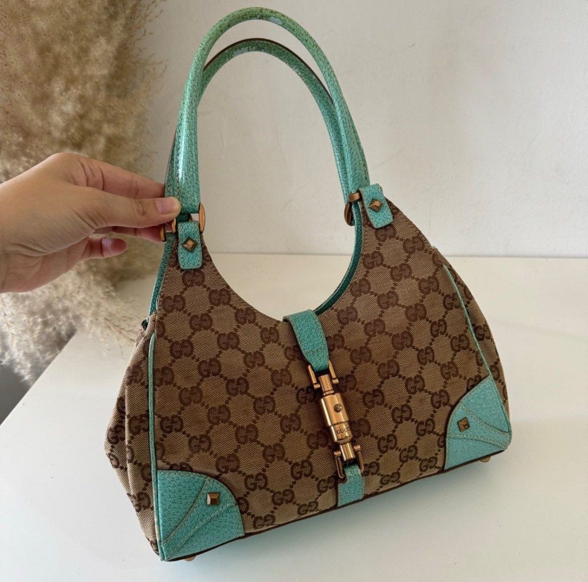 Gucci Gucci Beige/Turquoise GG Canvas and Leather Jackie O Hobo Size ONE SIZE - 4 Thumbnail