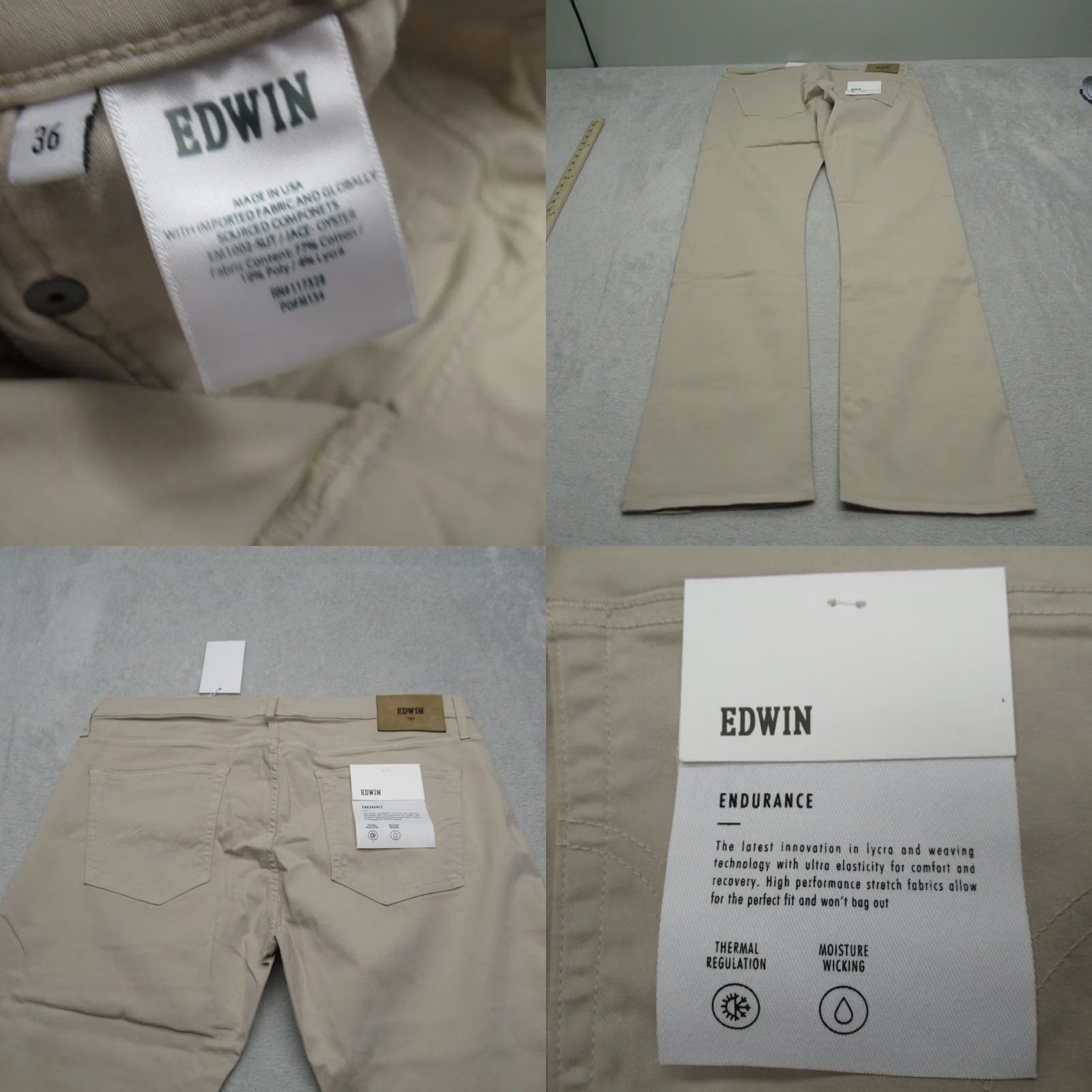 Edwin VINTAGE Edwin Jace Chino Pants Men 36 Beige 36x33 Regular Stretch Thermal Moisture Wicking Casual Workwear Size US 36 / EU 52 - 8 Thumbnail