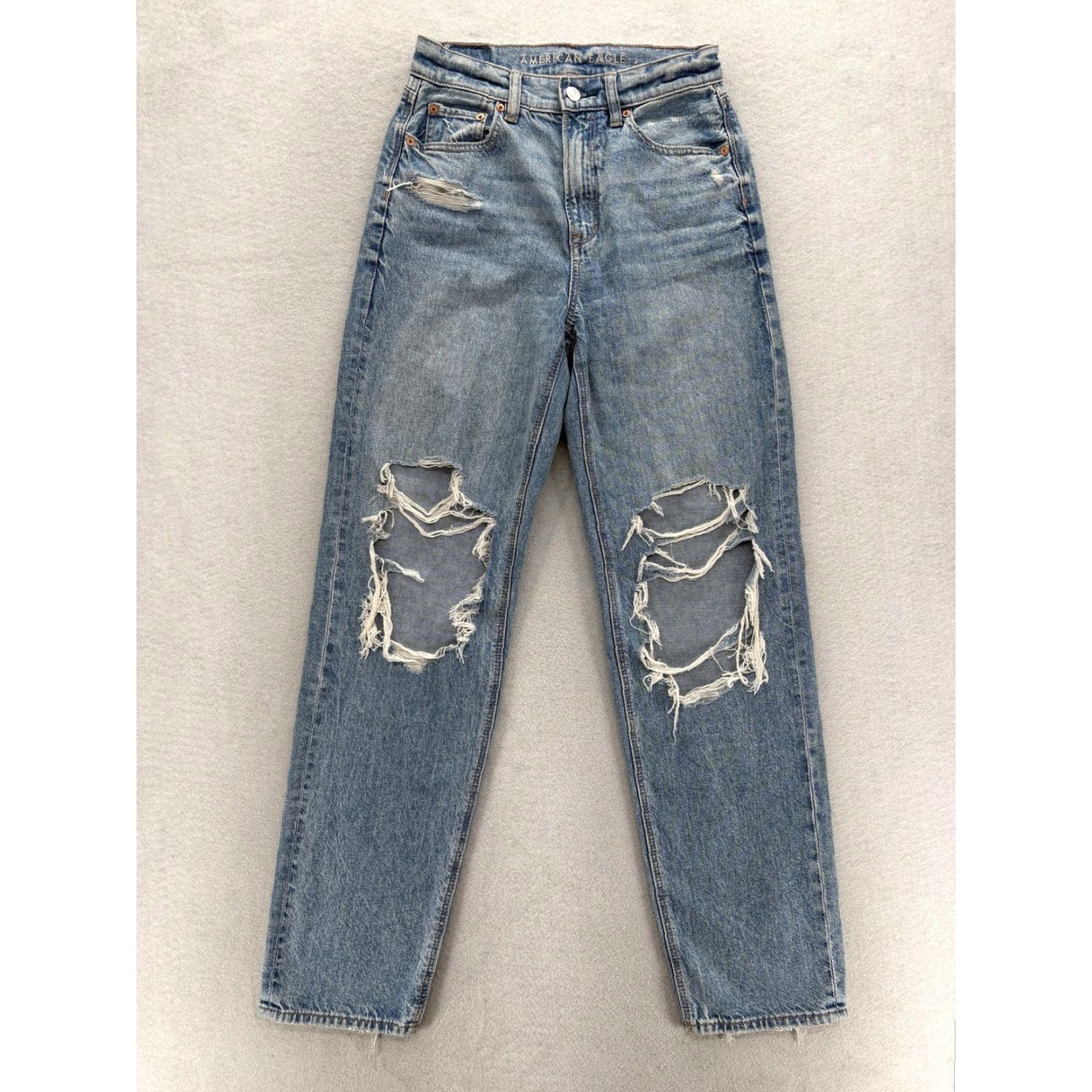 American Eagle Outfitters VINTAGE American Eagle Highest Rise Baggy Straight Jeans Womens 0 Blue Distressed Denim Size 25" / US 0 / IT 36 - 2 Thumbnail