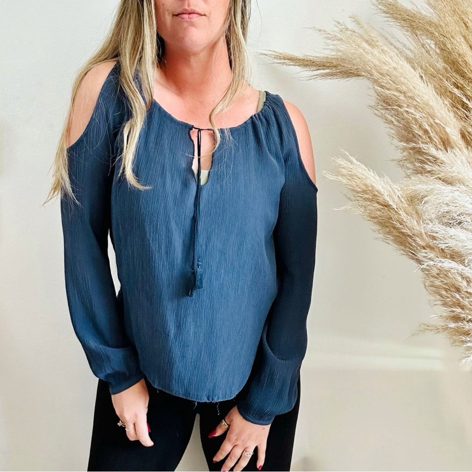 image of Go By Gosilk Gosilk Blue Silk Cold Shoulder Long Sleeve Blouse Shirt Top, Women's (Size Small)