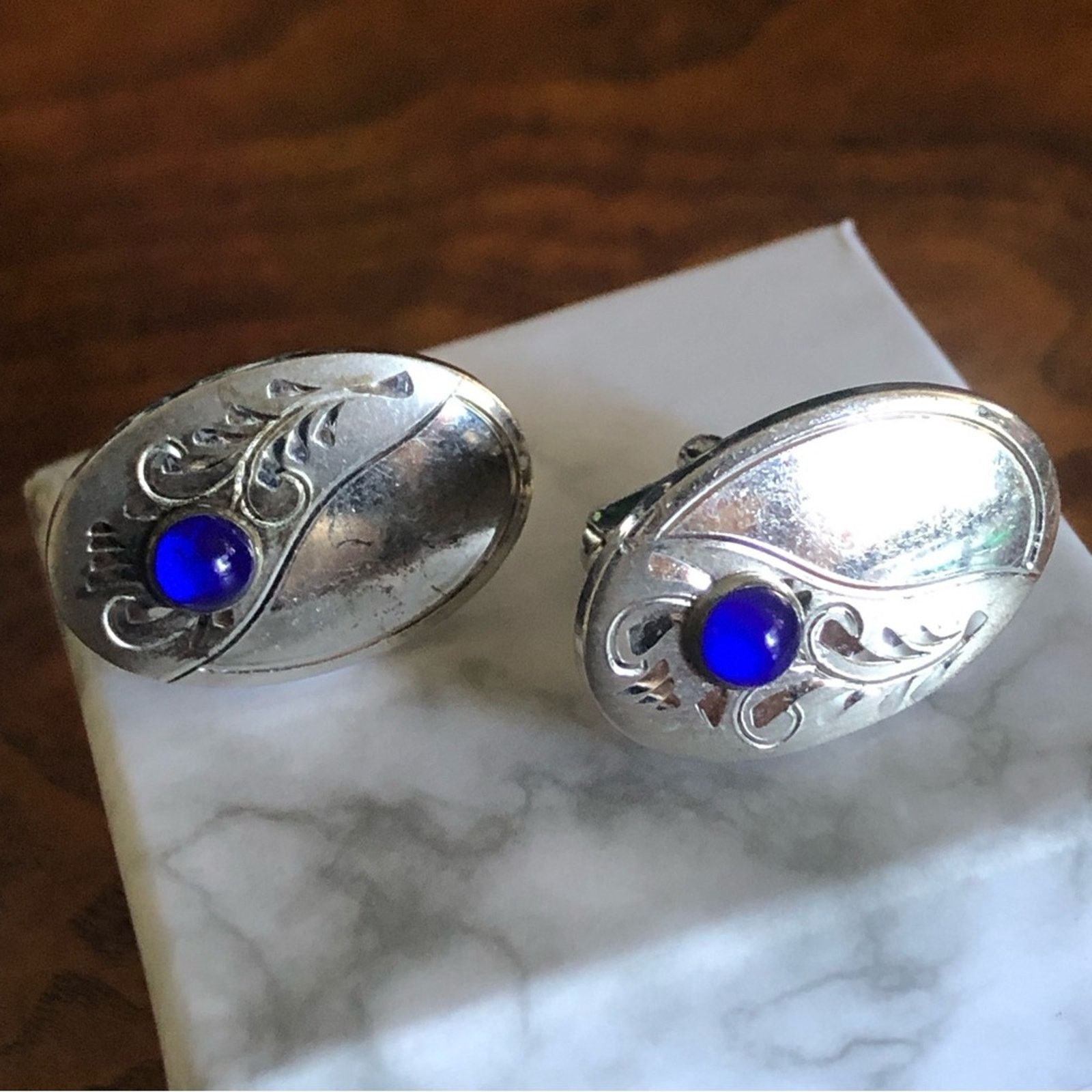 Vintage Vintage Anson royal blue glass etched silver cuff links Size ONE SIZE - 1 Thumbnail