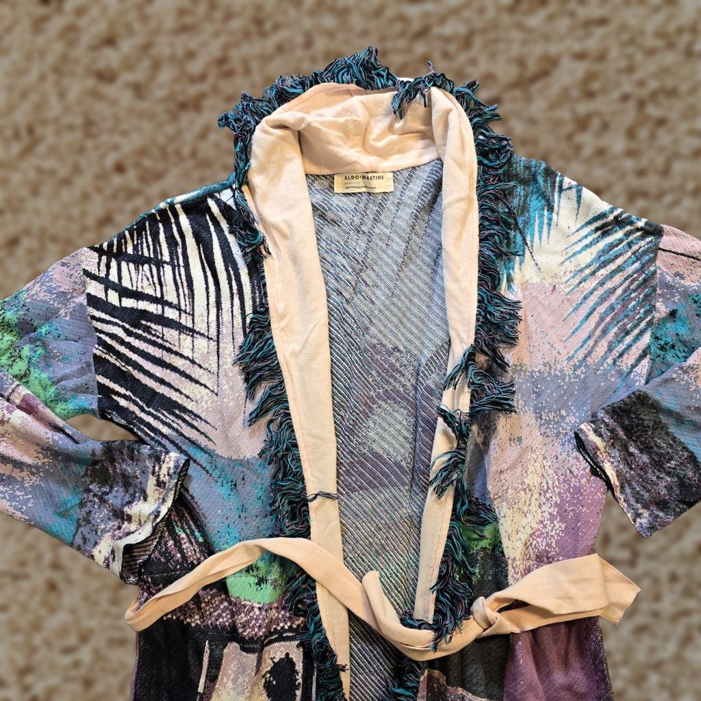 Anthropologie Aldomartins Cardigan Women Size Small Belted Fringed Moira Geometric Knit Sweater Blue Size S / US 4 / IT 40 - 1 Thumbnail