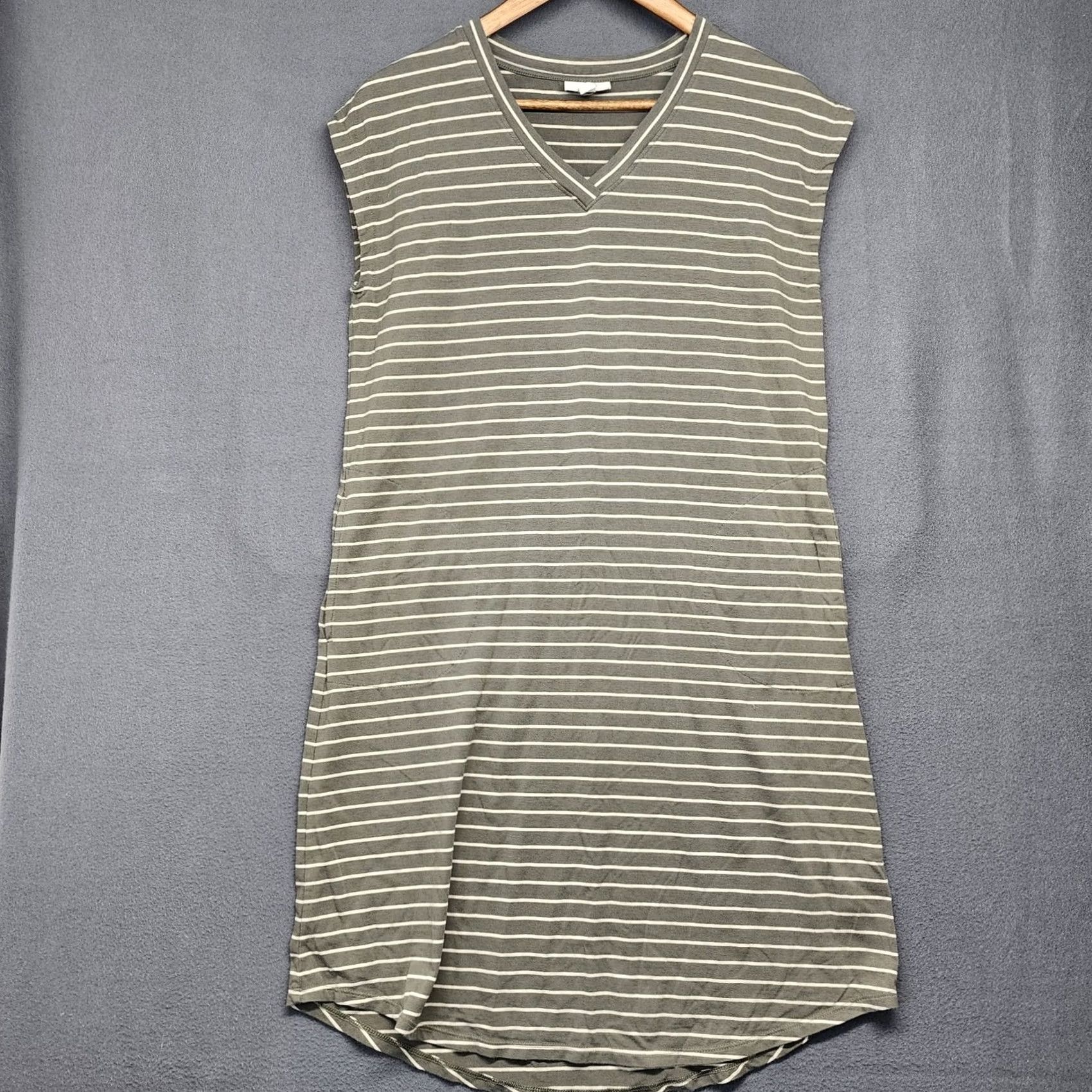 Vintage J Jill Dress Shift Small Green Sleeveless Pockets Pima Cotton Blend Striped Dress Jersey Knit - V-Neck Business Casual Travel Womens Size S / US 4 / IT 40 - 2 Thumbnail