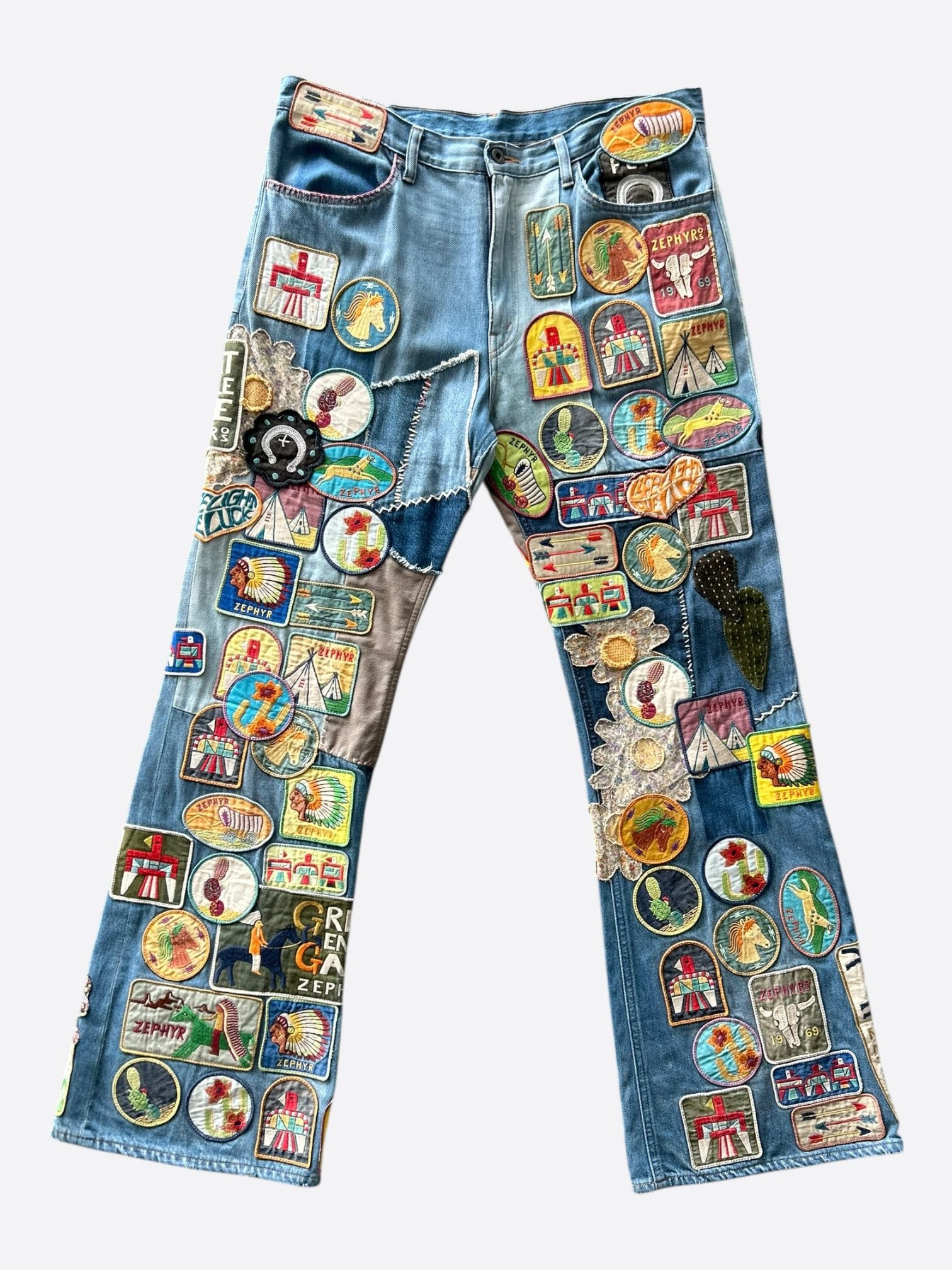 Kapital Kapital Blue Beautiful World Patch Flare Jeans Size US 38 / EU 54 - 1 Thumbnail
