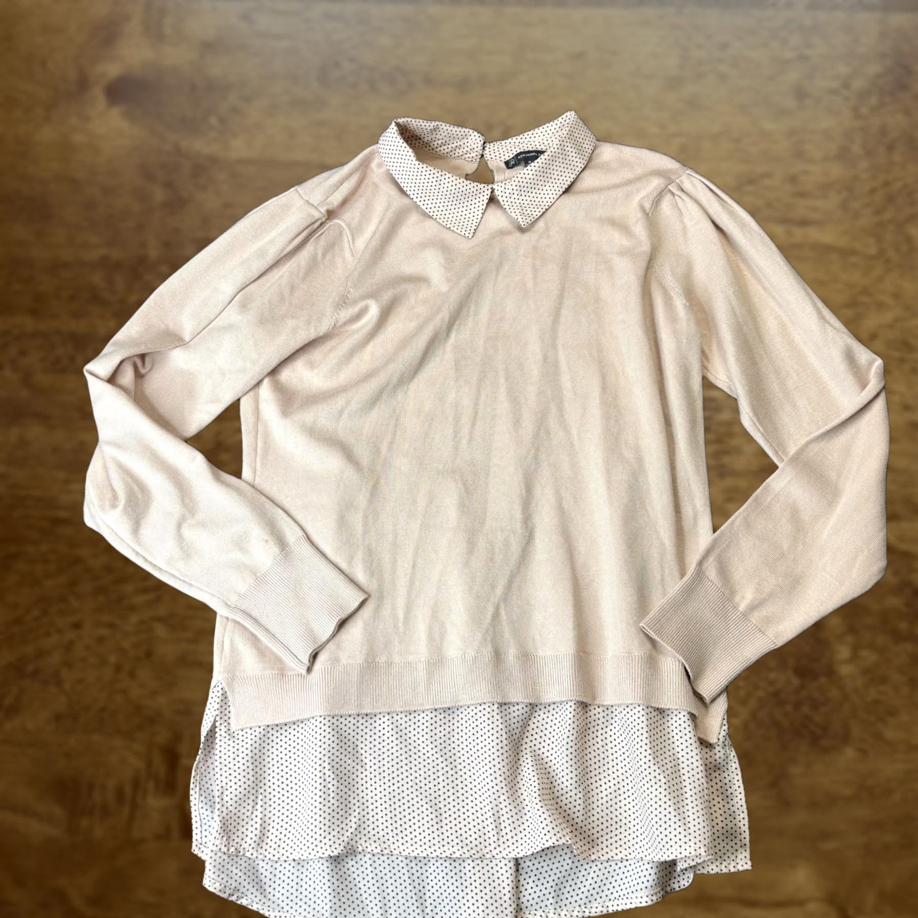 Adrianna Papell Adrianna Papell Sweater Womens Medium Beige Polka Dot Collar Layered Hem Knit Size M / US 6-8 / IT 42-44 - 1 Thumbnail