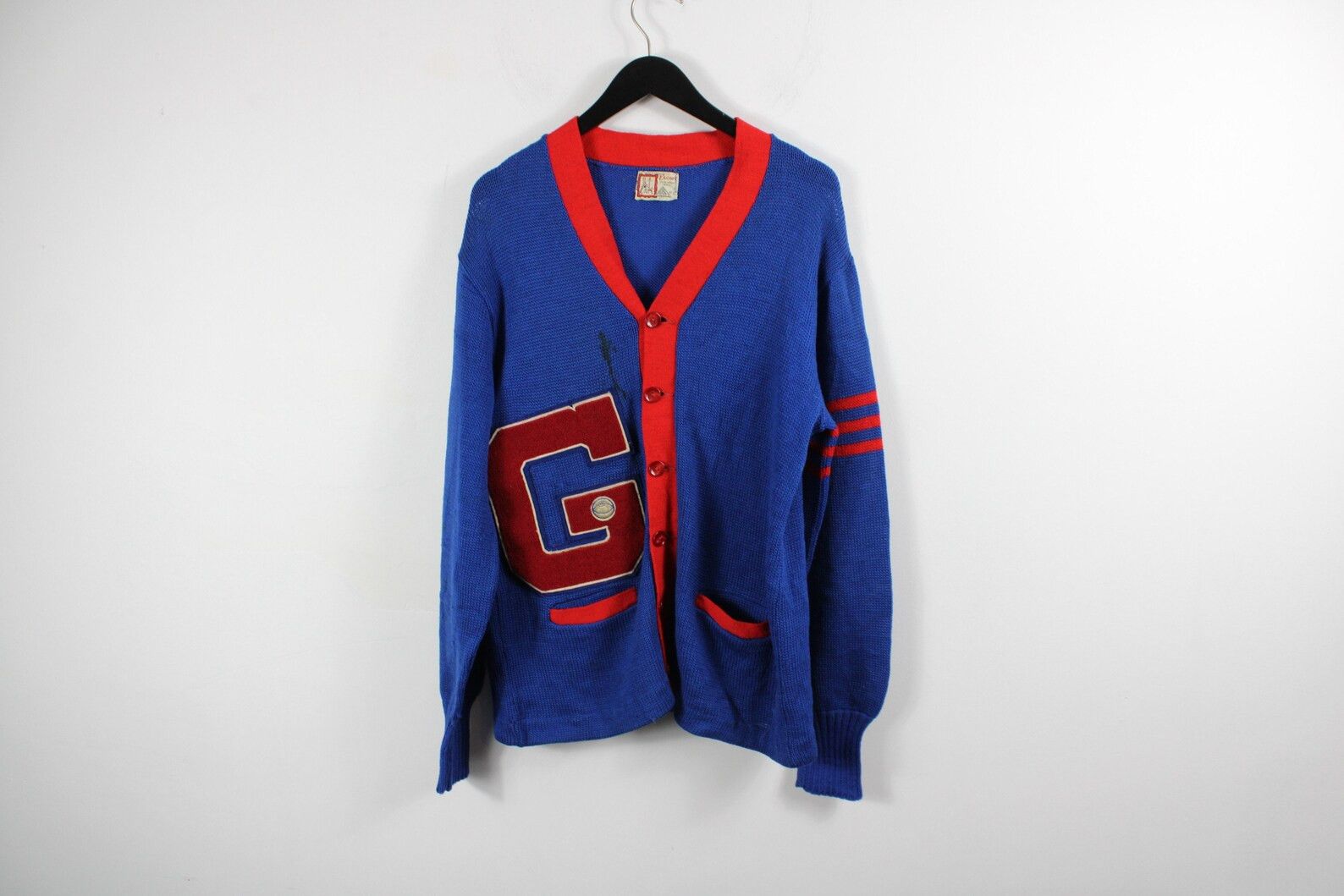 image of Cardigan-Sweater / Vintage 50S-60S Varsity Letterman Sweater in Blue/Red, Men's (Size Large)