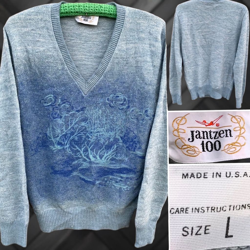 Jantzen VINTAGE Jantzen 100 Sweater Long Sleeve V-Neck Graphic Print Blue Size L Menskeletal Size US L / EU 52-54 / 3 - 1 Thumbnail