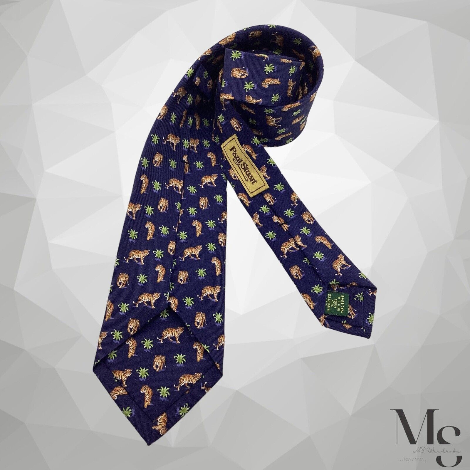 Paul Stuart PAUL STUART Blue Tiger in Bushes Print Silk Tie Made In USA Size ONE SIZE - 1 Thumbnail
