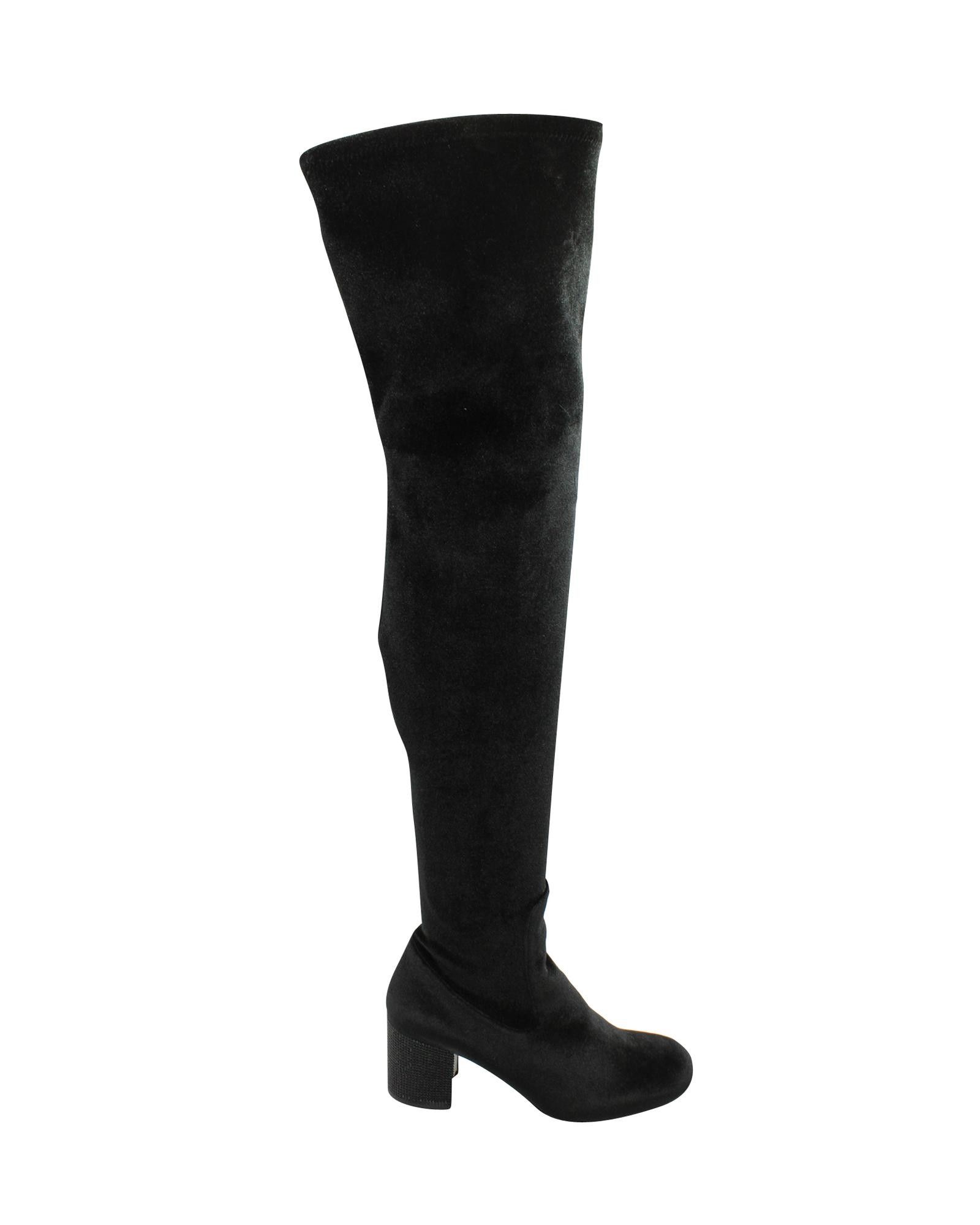 image of Rene Caovilla Crystal-Embellished Heel Shoes Knee High Boots In Black Velvet, Women's (Size 7)
