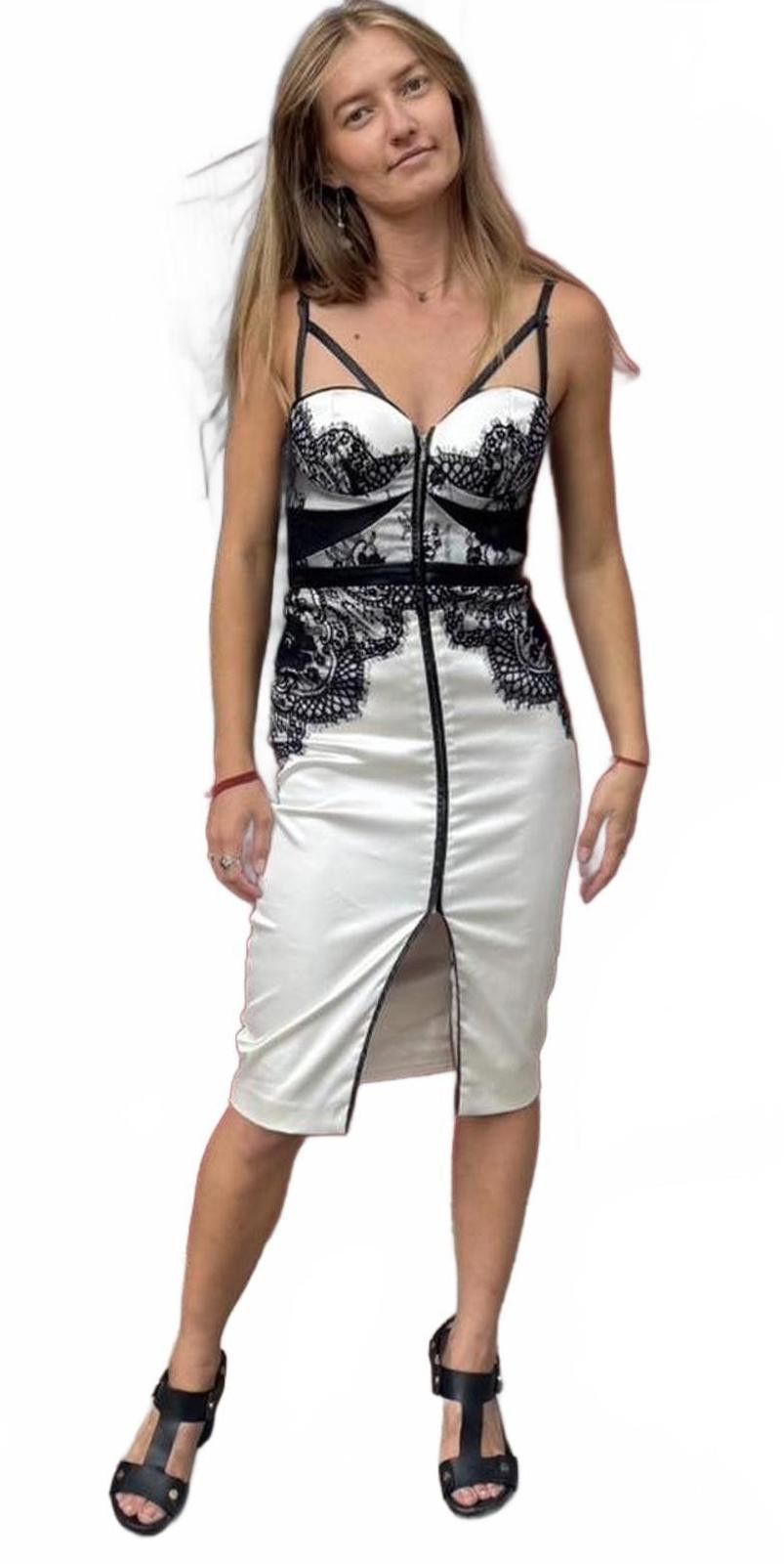 Y2K Bebe White w/ Black Lace Bodycon Full-Zip Dress – Size 2