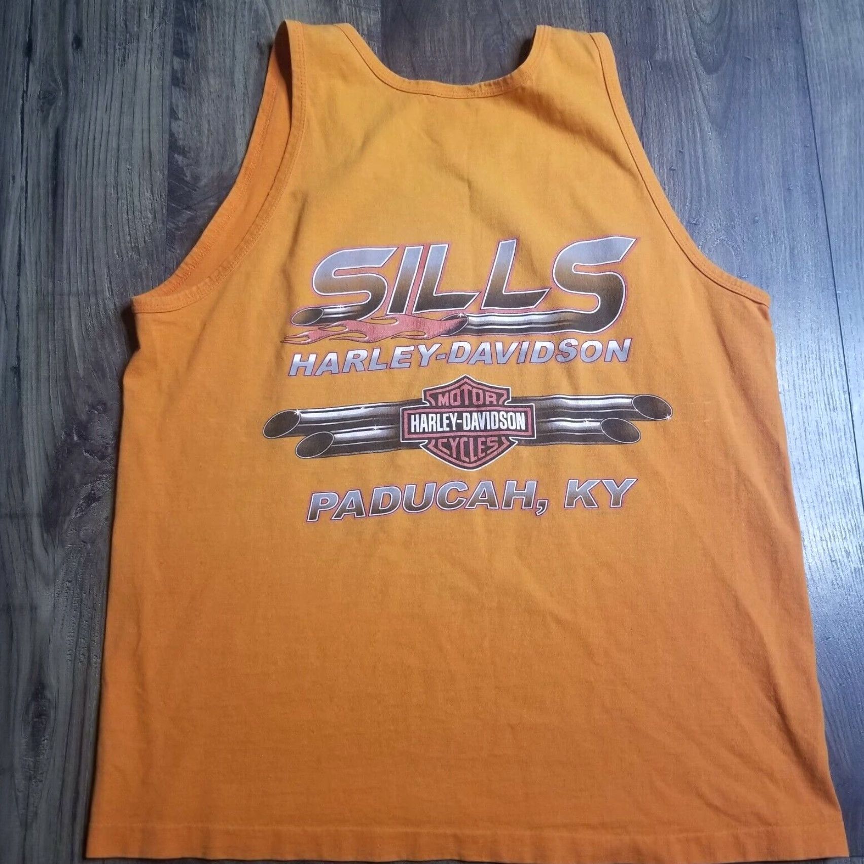 Harley Davidson VINTAGE Harley-Davidson Graphic Tank Top Large Orange Double-Sided USA 2000s Mens Biker Size US L / EU 52-54 / 3 - 3 Thumbnail