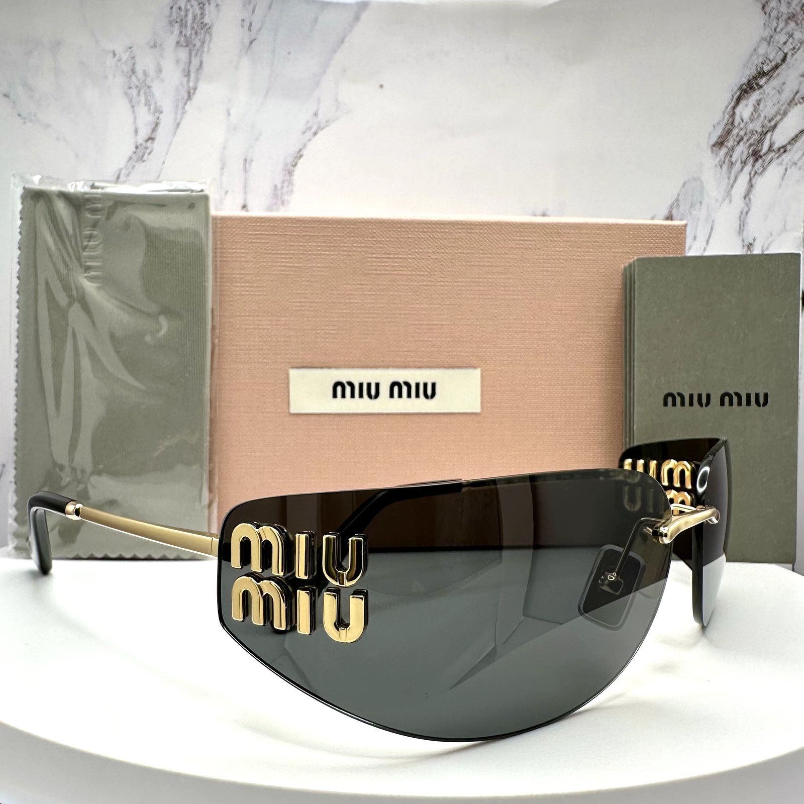 Miu Miu New MIU MIU Sunglasses Gold Dark Gray Lens Runway Wrap Size ONE SIZE - 14 Thumbnail