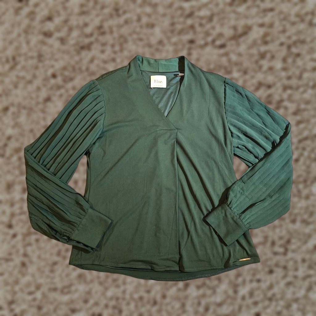 Elie Tahari Elie Tahari Blouse Shirt Womens M Green V-Neck Pleated Sleeves Stretch Career Size M / US 6-8 / IT 42-44 - 1 Thumbnail