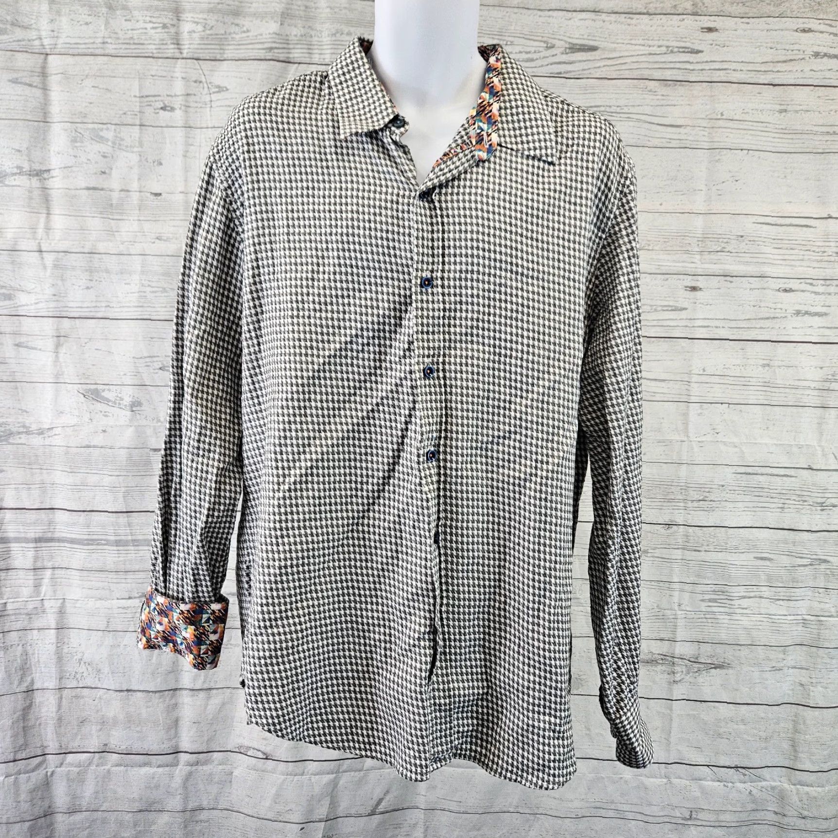 Robert Graham Robert Graham Mens Button Front Shirt XL Gray Houndstooth Multicolor Cotton Long Sleeve Size XL Mens Size US XL / EU 56 / 4 - 2 Thumbnail