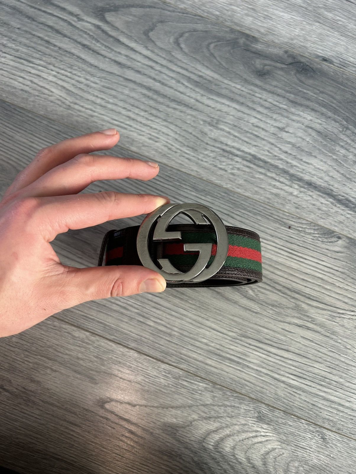 Gucci GG Buckle Leather Belt with Green and Red Stripe