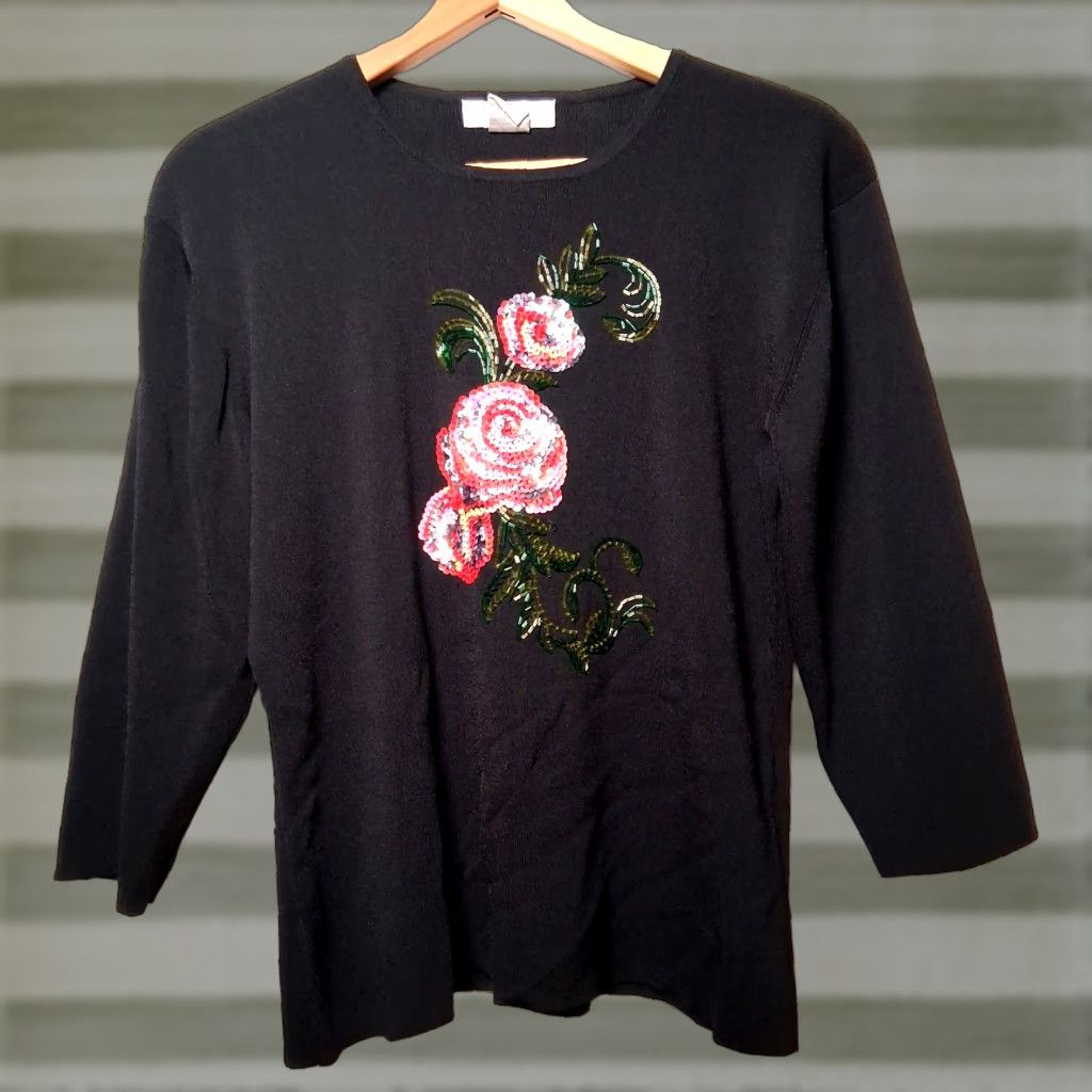 Vintage VINTAGE Dressbarn Sweater Women XL Black Beaded Sequin Pink Rose Roses Sleeve 3/4 Round Neck Pullover Knit Size XL / US 12-14 / IT 48-50 - 1 Thumbnail