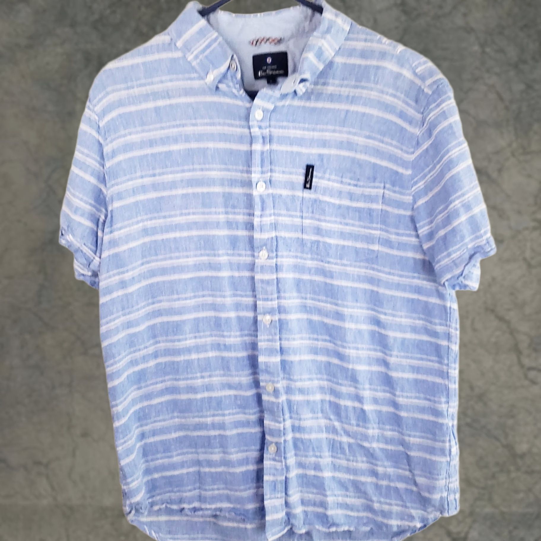 Ben Sherman Ben Sherman Mens L Blue Stripe Linen Blend Shirt Short Sleeve Collared Button-Up Casual Size US L / EU 52-54 / 3 - 1 Thumbnail
